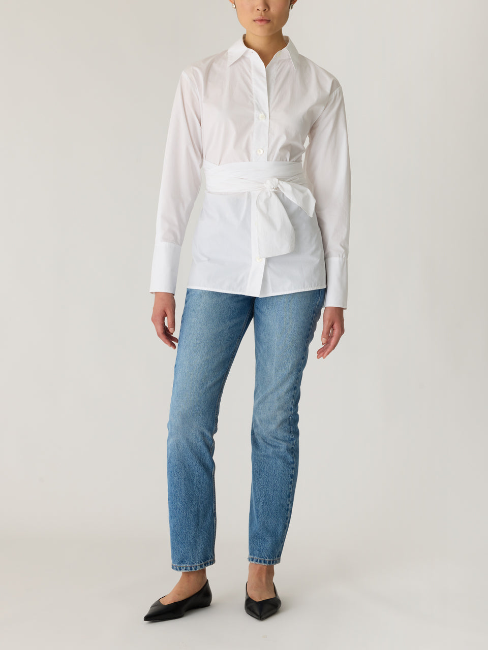 White Button-Up Long-Sleeve Blouse Poplin Wrap Blouse in Milk by Rebecca Taylor