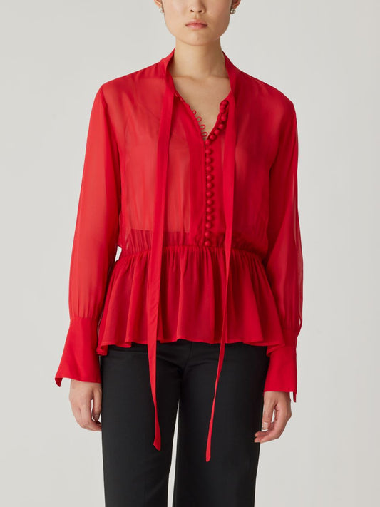 Covered Button Tie Front Blouse