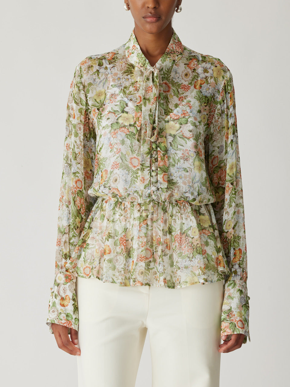 Floral Viscose Peplum Blouse All Over Floral On Viscose Chiffon Tie Front Blouse in Floral Multi by Rebecca Taylor