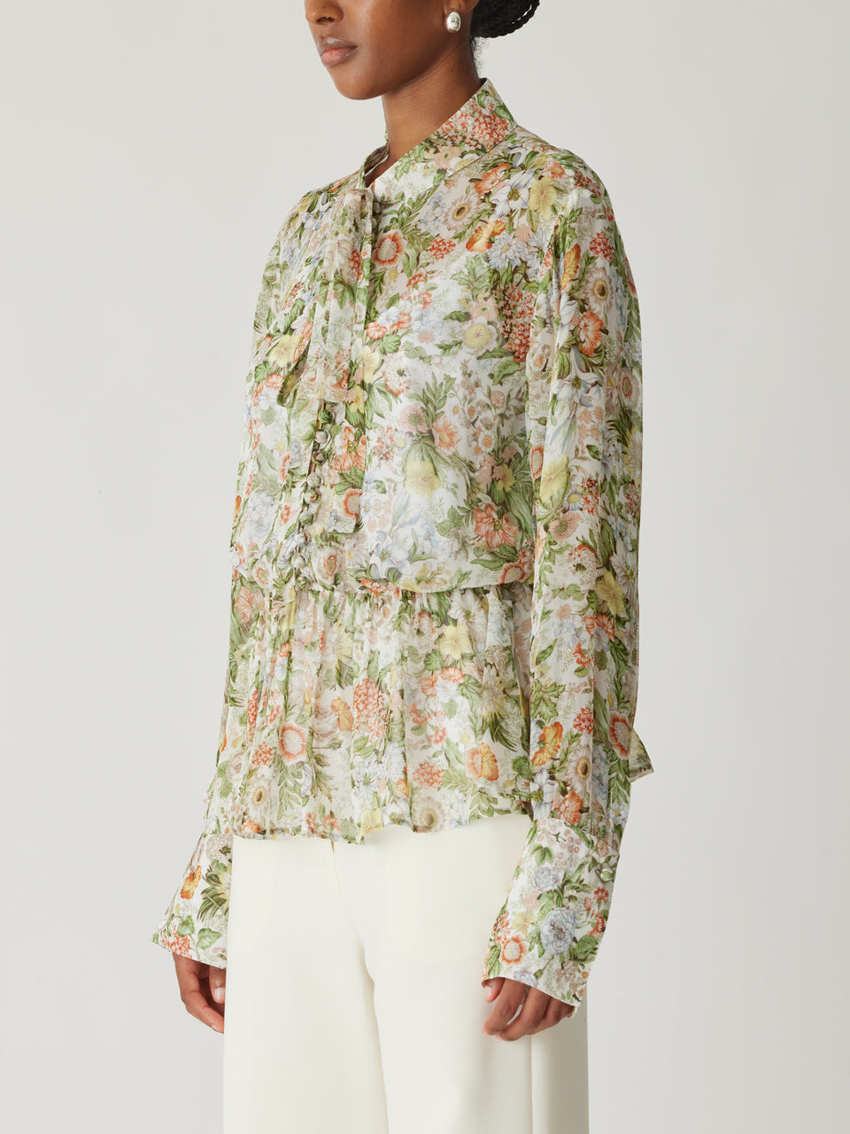 Floral Viscose Peplum Blouse All Over Floral On Viscose Chiffon Tie Front Blouse in Floral Multi by Rebecca Taylor