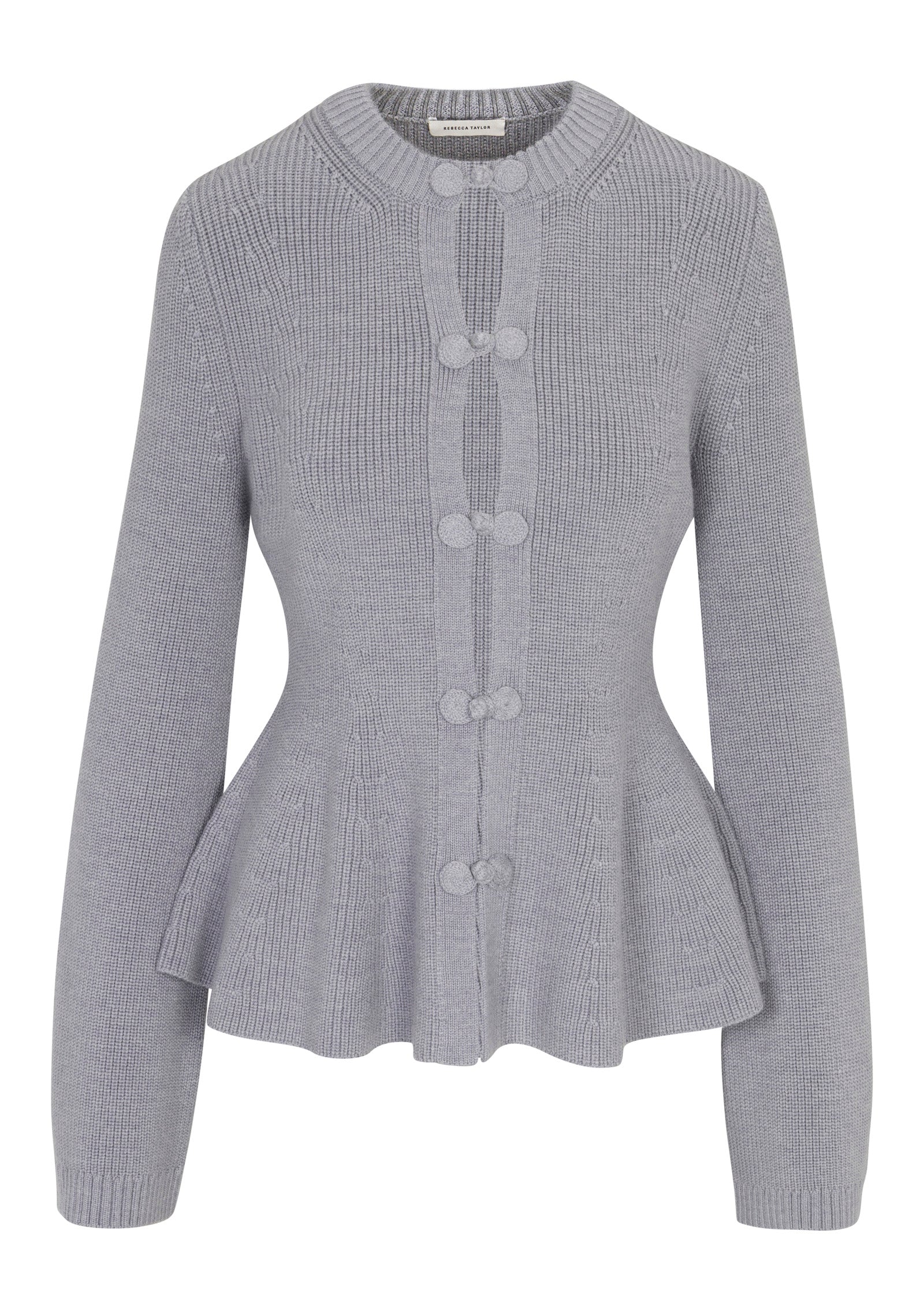 Grey Buttoned Peplum Cardigan Novelty Wool Peplum Cardi in Medium Heather Grey by Rebecca Taylor