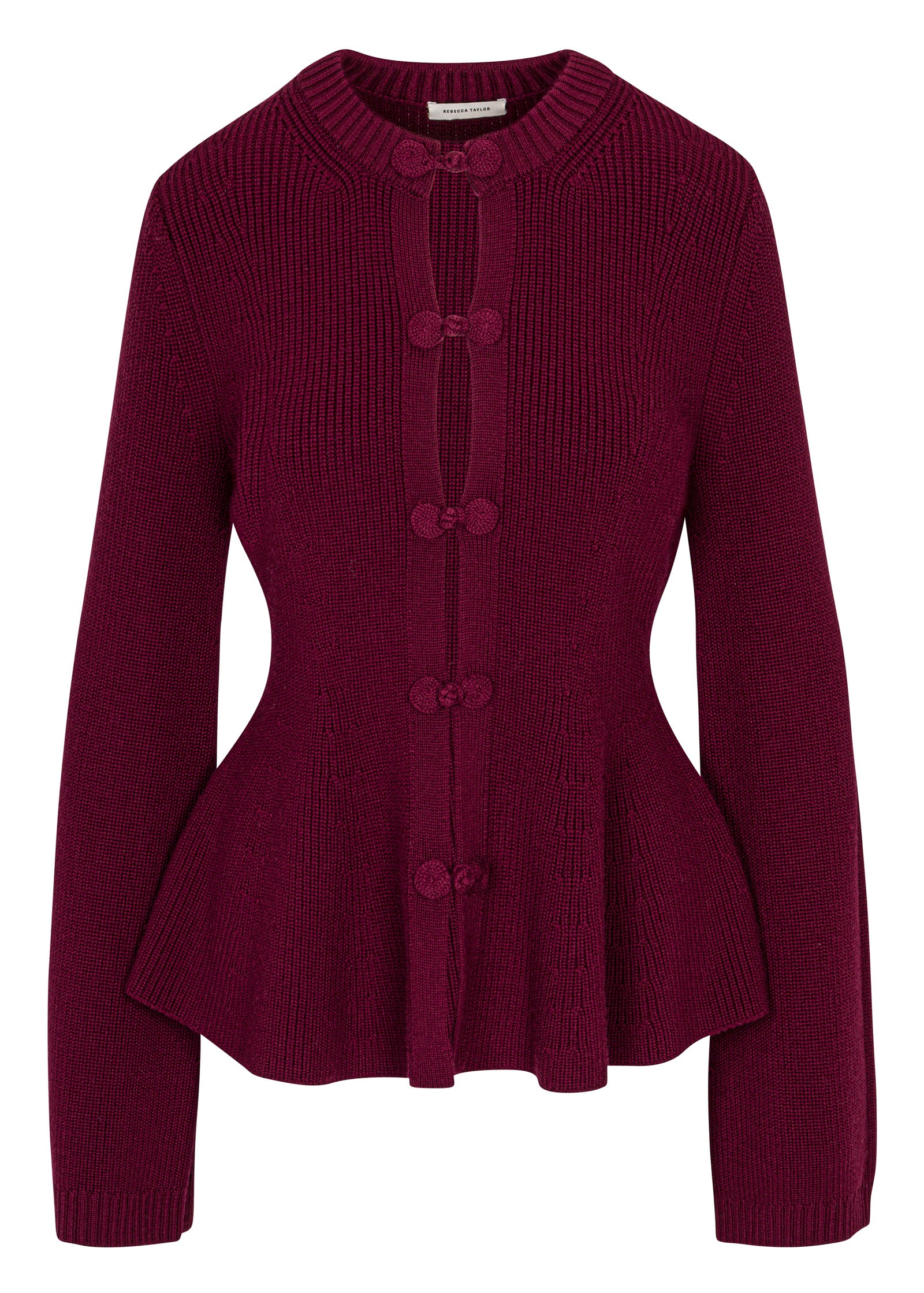 Burgundy Buttoned Peplum Cardigan Novelty Wool Peplum Cardi in Plum by Rebecca Taylor