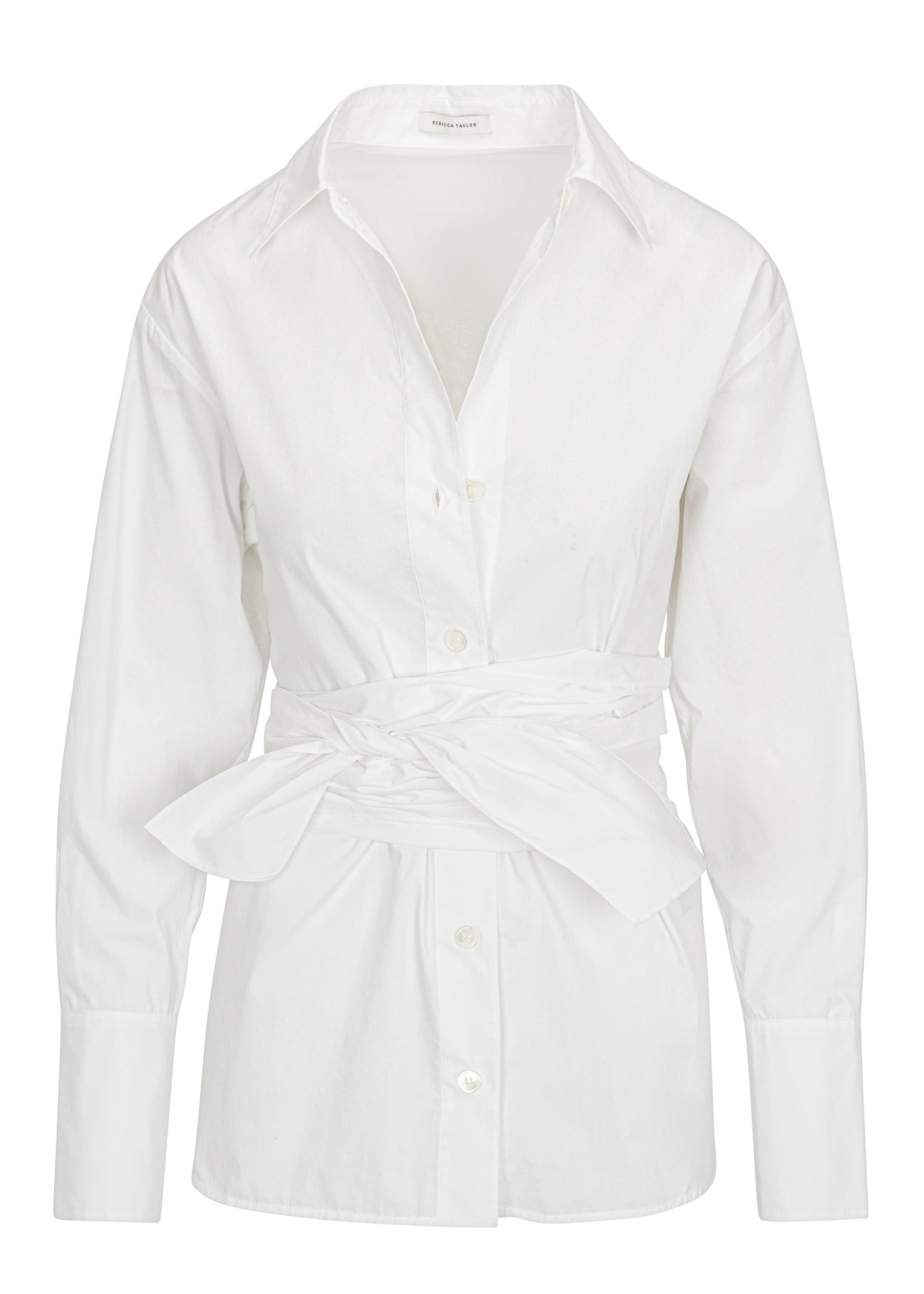 White Button-Up Long-Sleeve Blouse Poplin Wrap Blouse in Milk by Rebecca Taylor