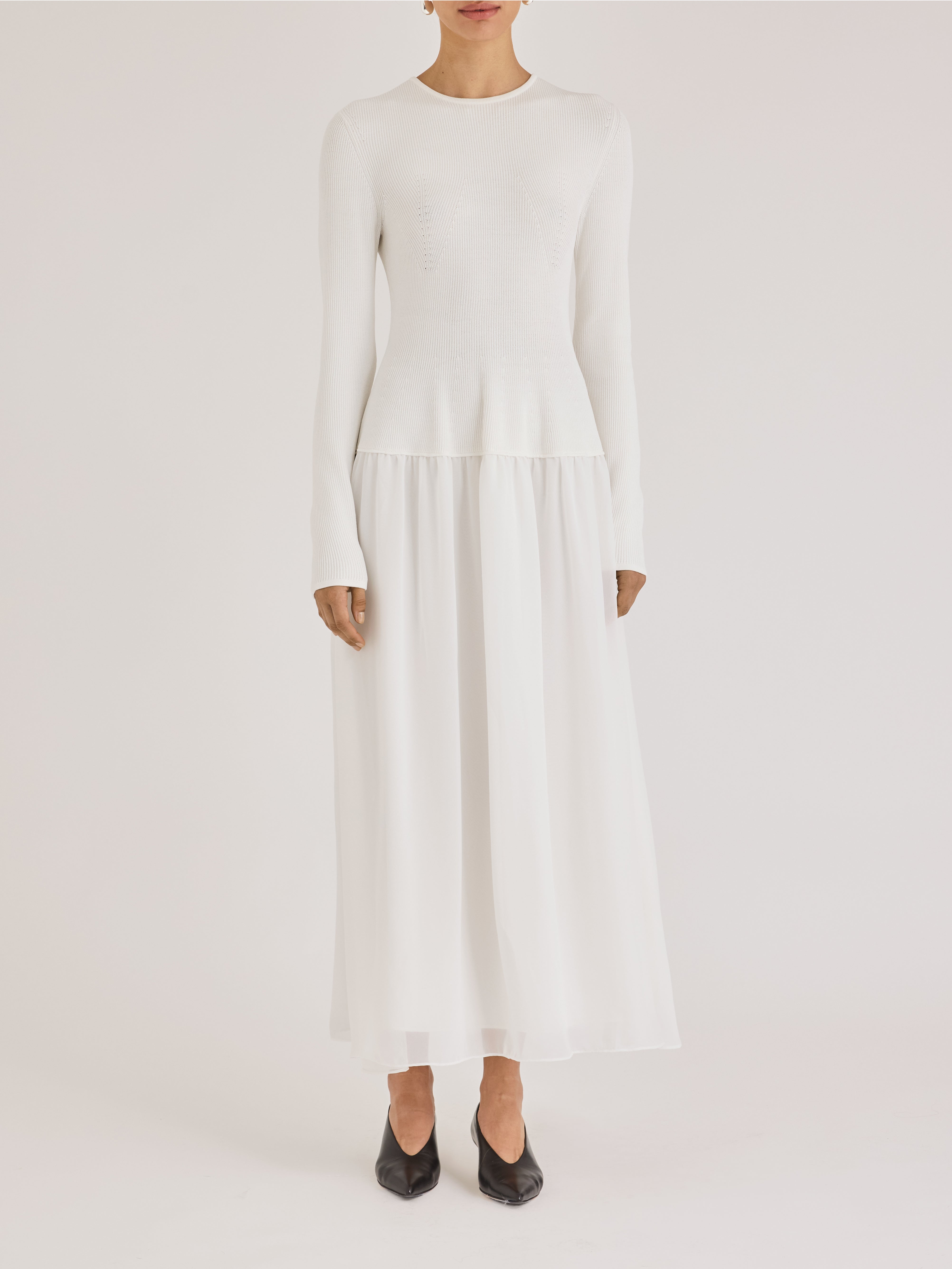 White Knit Chiffon Sweater Dress Calla Dress in Ivory by Rebecca Taylor