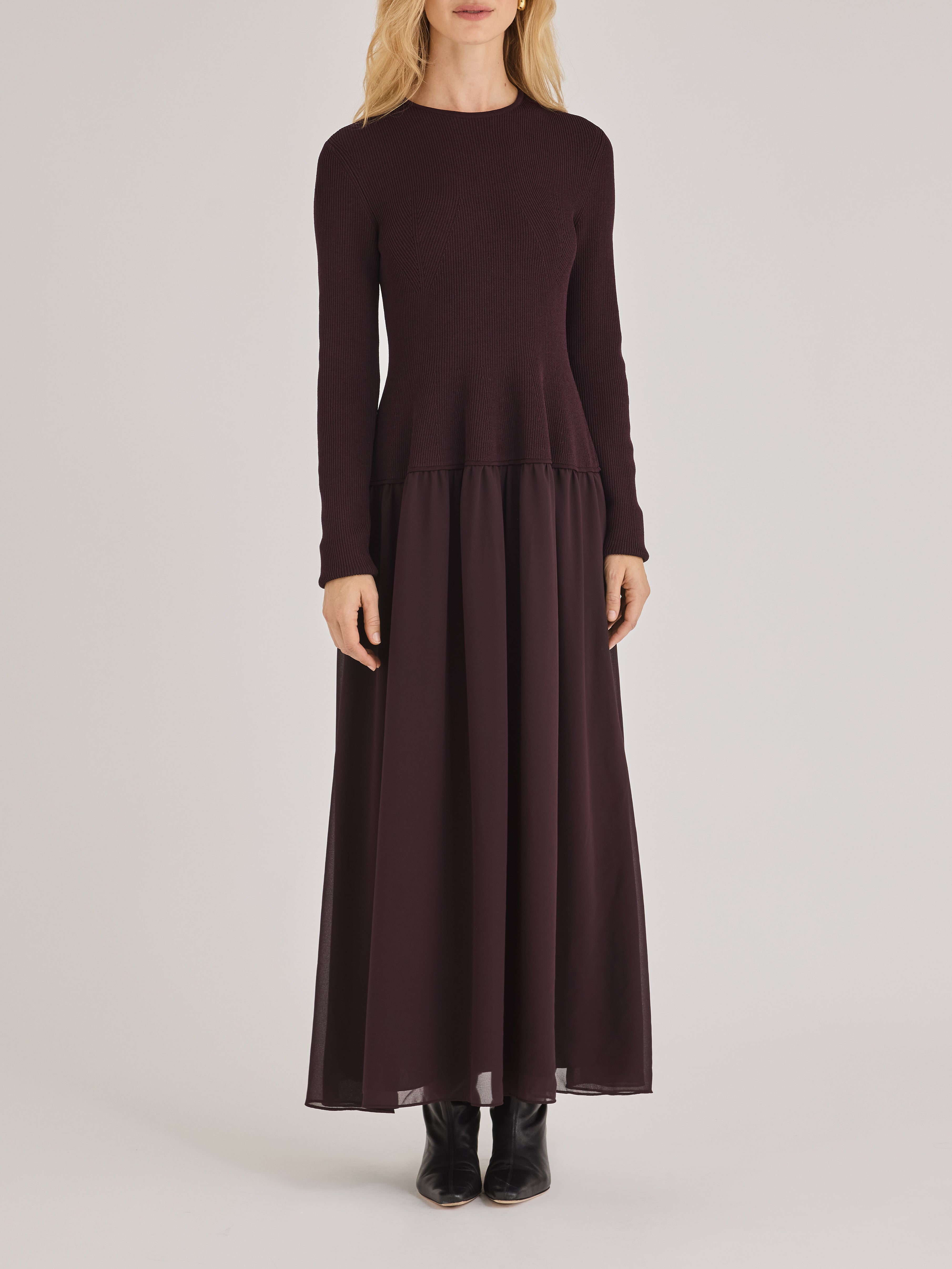 Brown Knit Chiffon Sweater Dress Calla Dress in Raisin by Rebecca Taylor