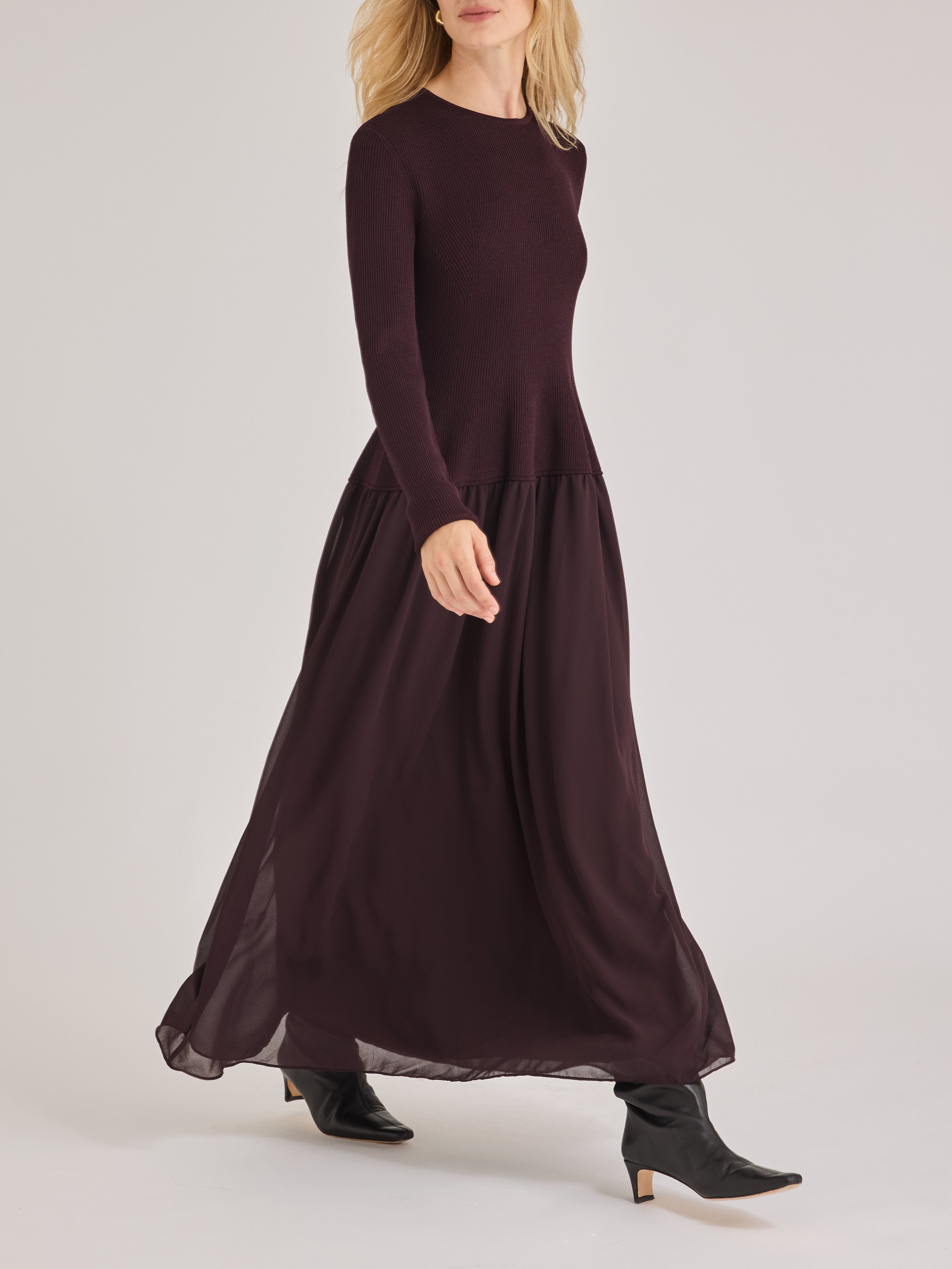 Brown Knit Chiffon Sweater Dress Calla Dress in Raisin by Rebecca Taylor