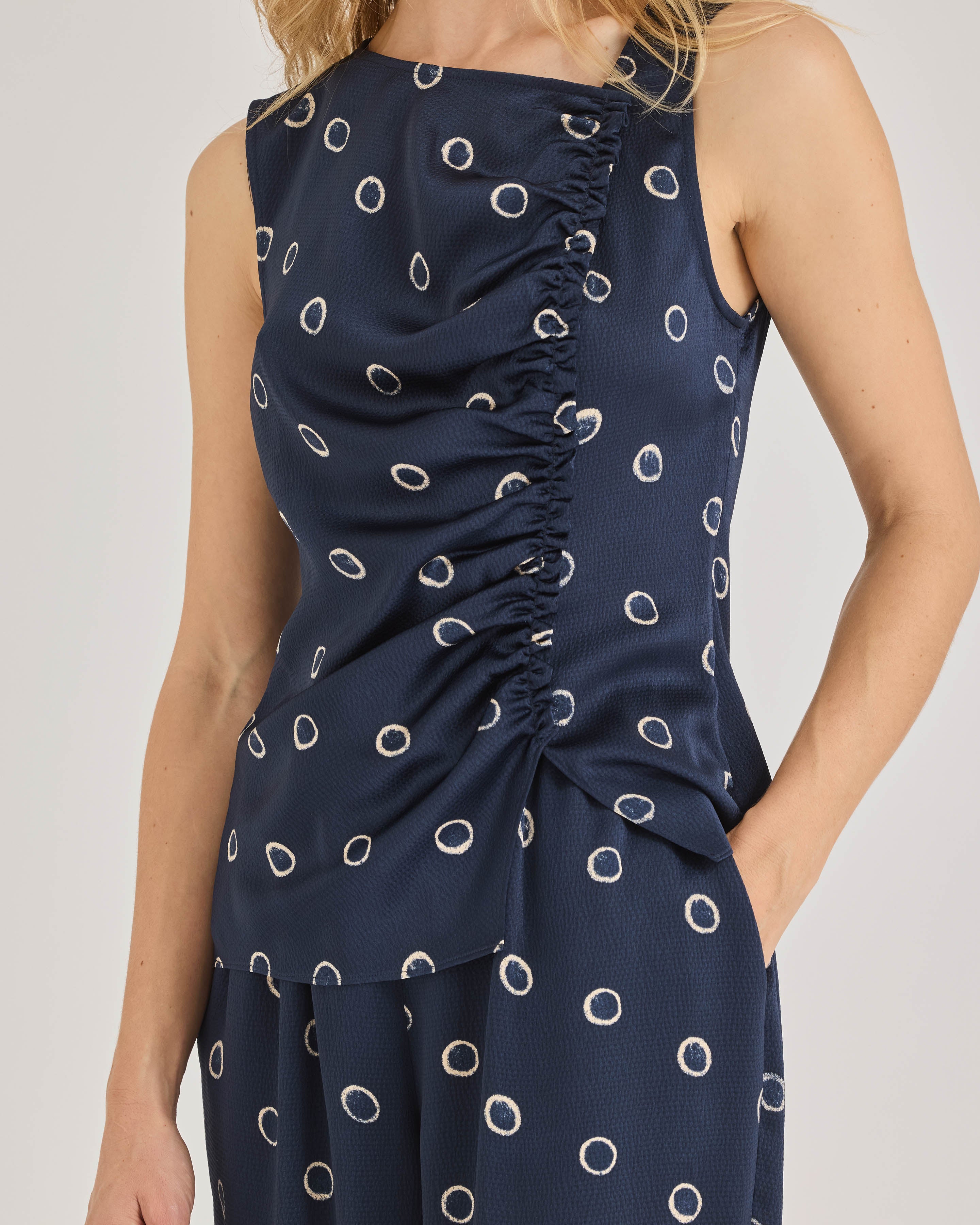 Navy Satin Sleeveless Top Hazy Dot Blouse in Navy Combo by Rebecca Taylor