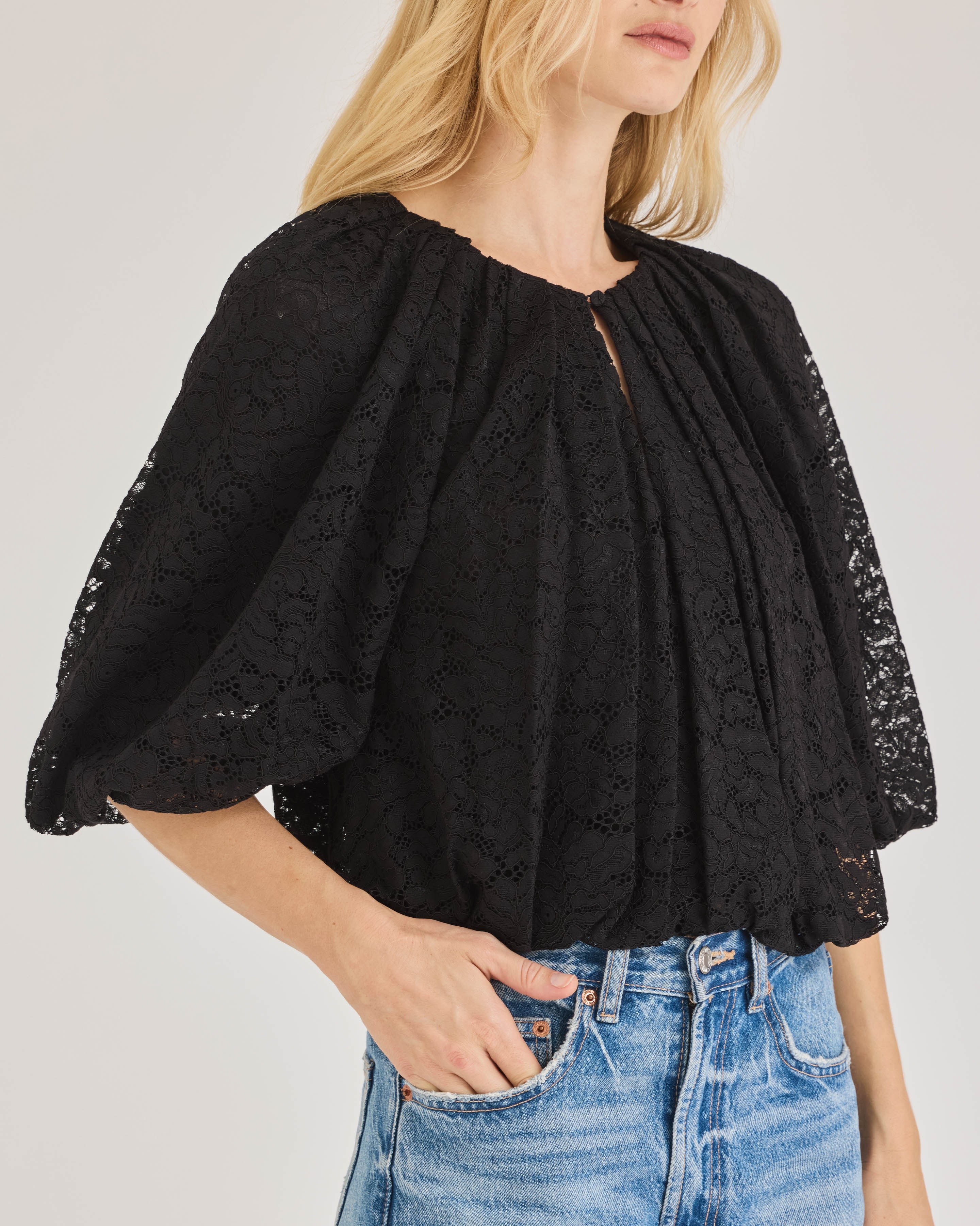 Black Lace Bubble Blouse Idun Lace Top in Black by Rebecca Taylor