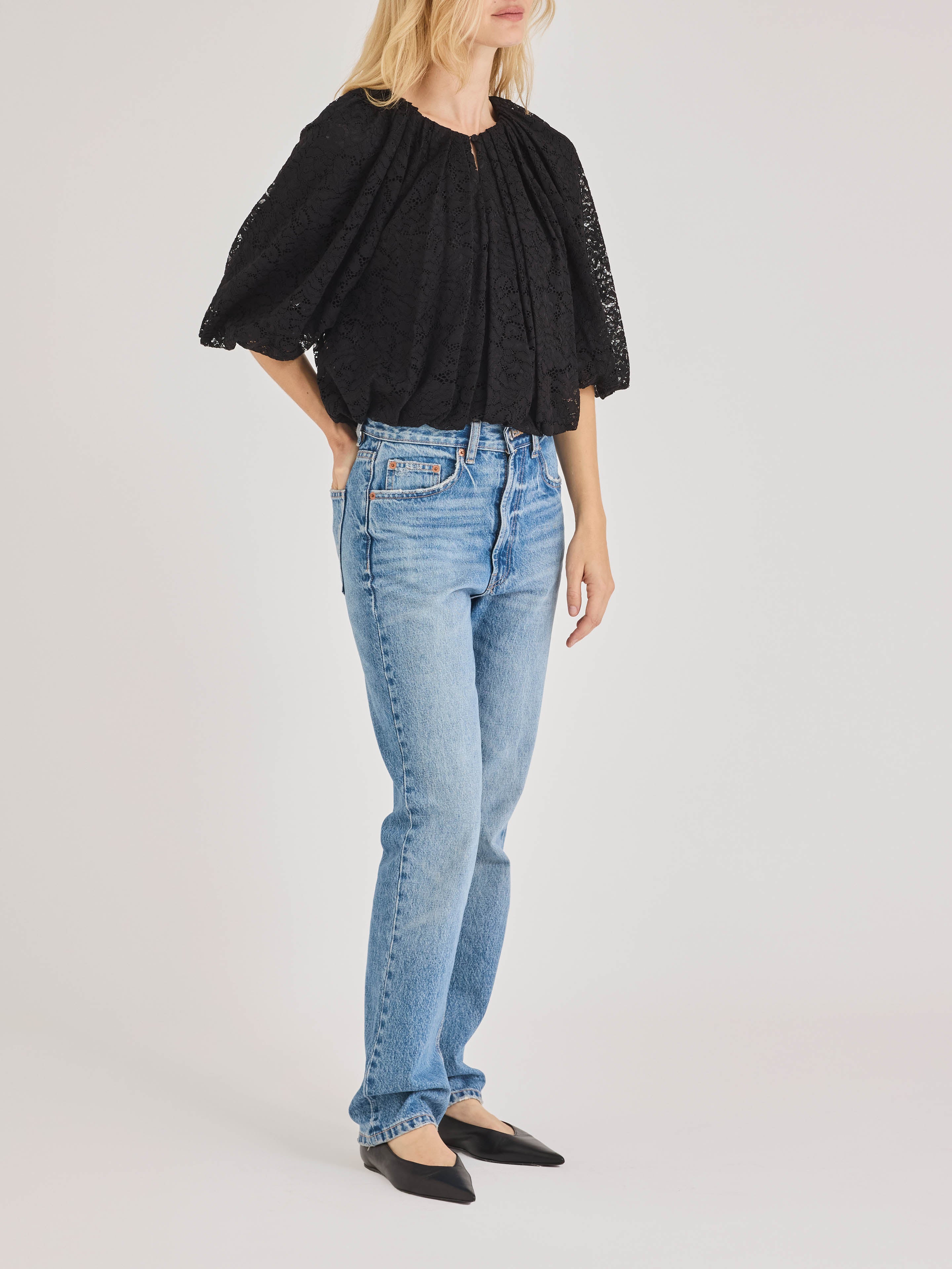 Black Lace Bubble Blouse Idun Lace Top in Black by Rebecca Taylor