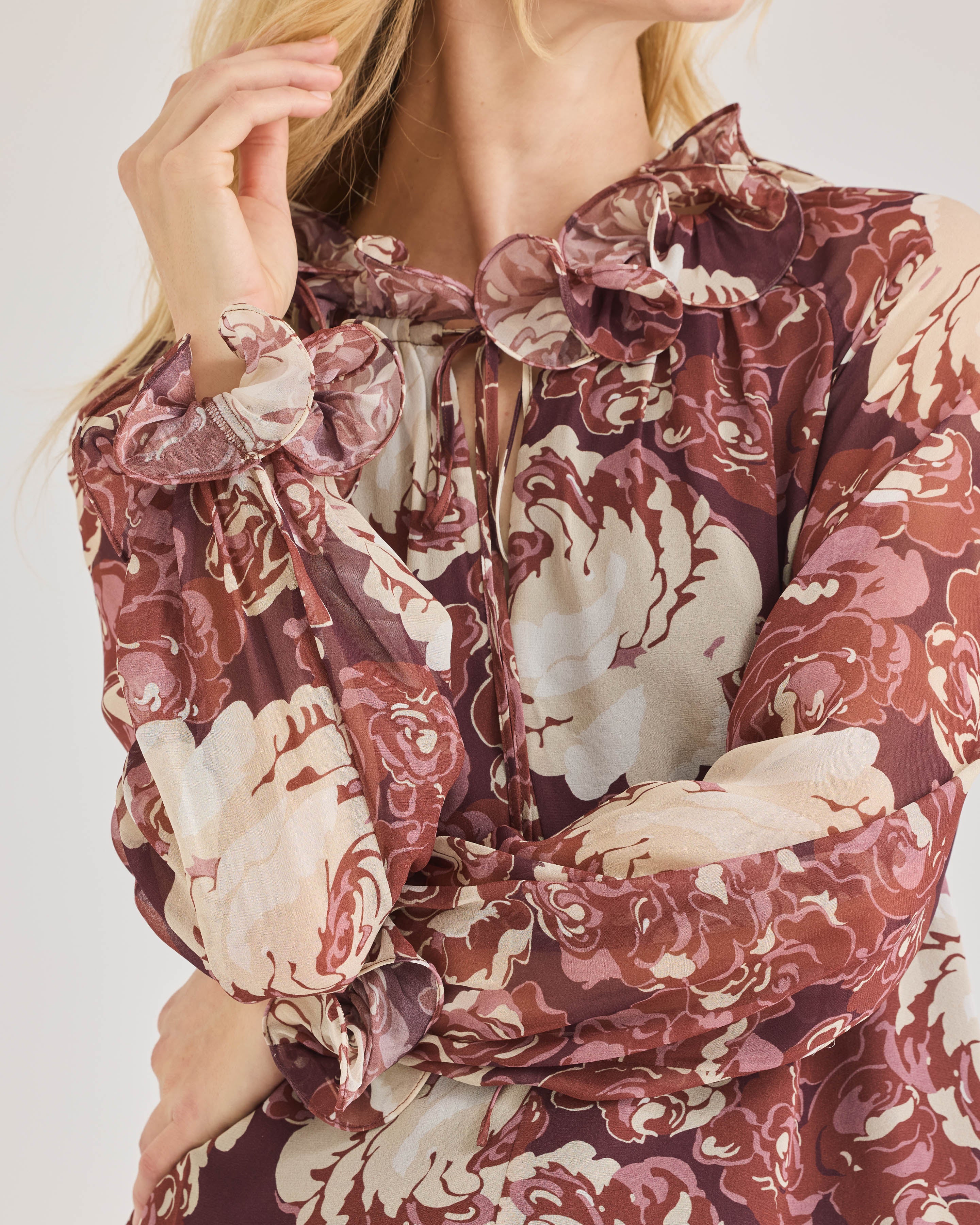 Floral Print Long Sleeve Blouse Sarita Long-Sleeve Top in Raisin Combo by Rebecca Taylor