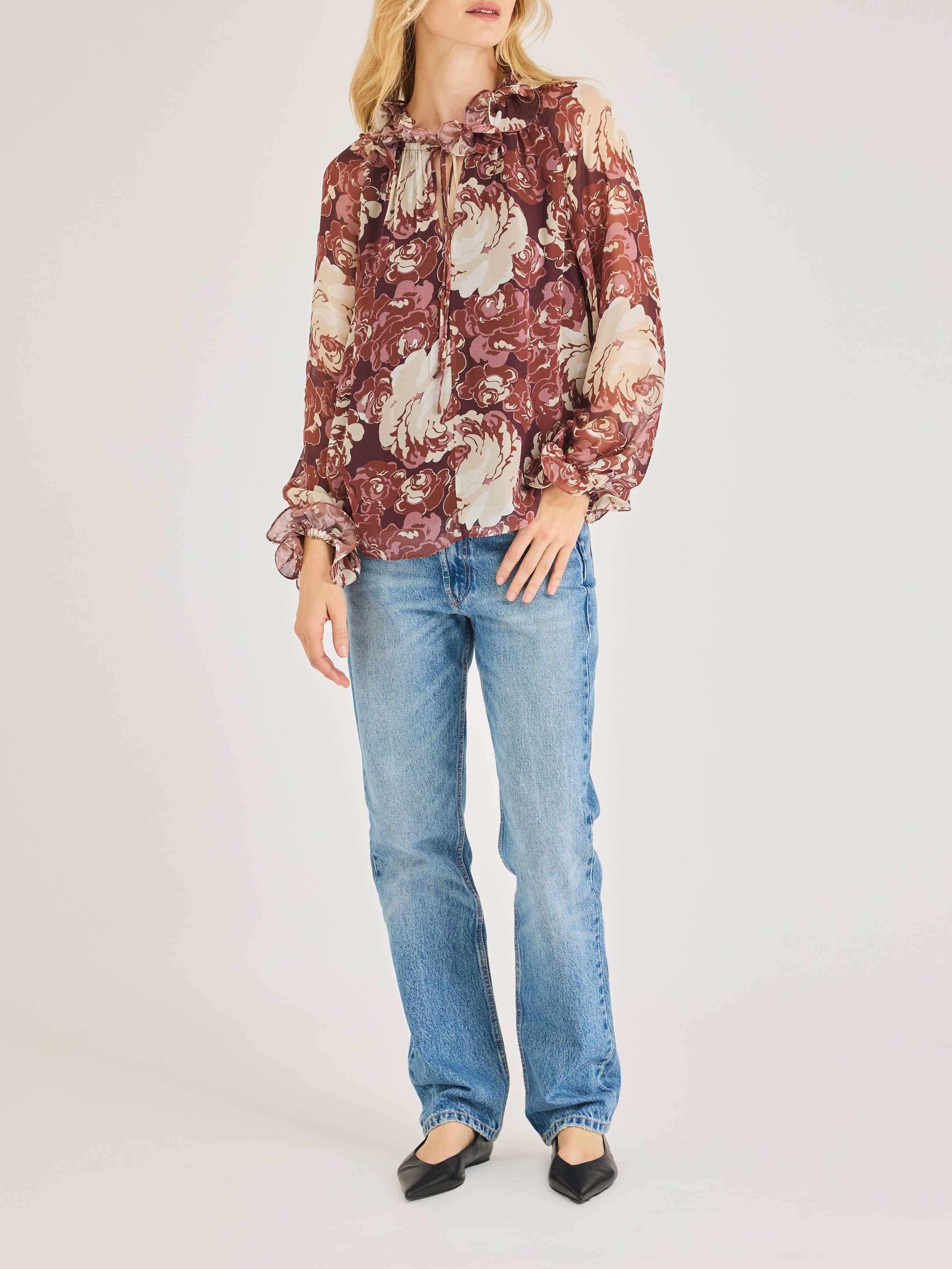 Floral Print Long Sleeve Blouse Sarita Long-Sleeve Top in Raisin Combo by Rebecca Taylor