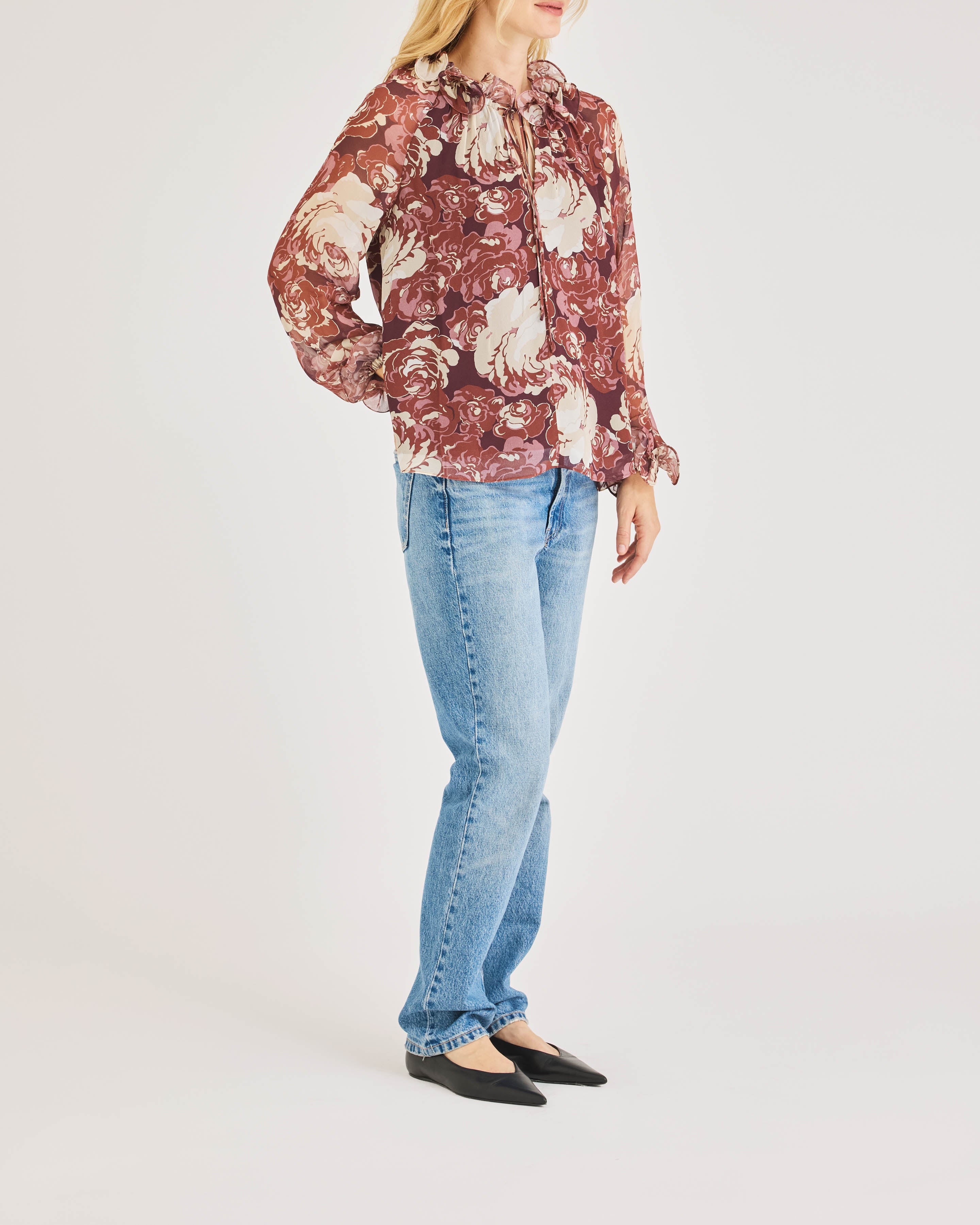 Floral Print Long Sleeve Blouse Sarita Long-Sleeve Top in Raisin Combo by Rebecca Taylor