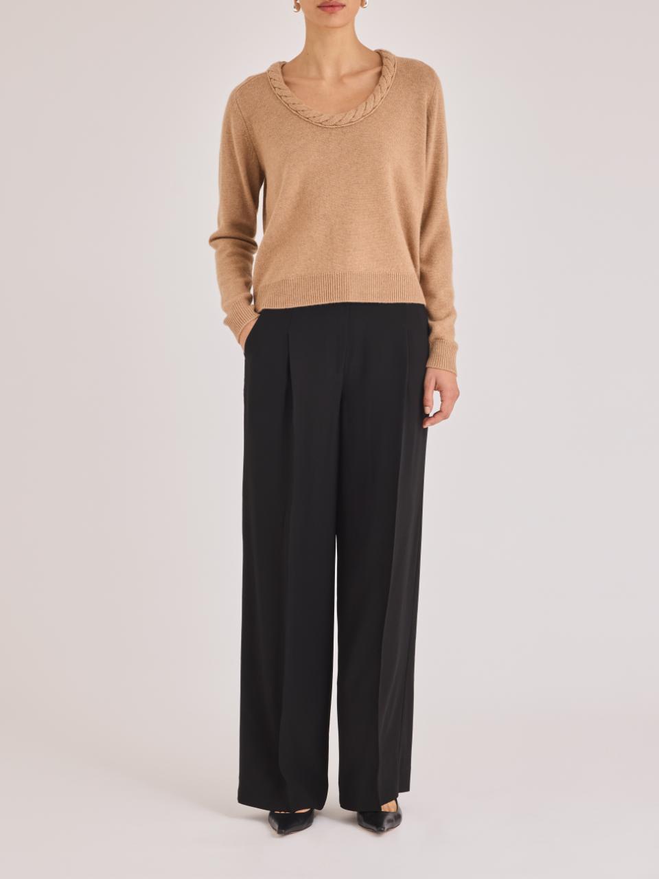 Camel Wool U-Neck Sweater Frankel Sweater in Heather Camel by Rebecca Taylor