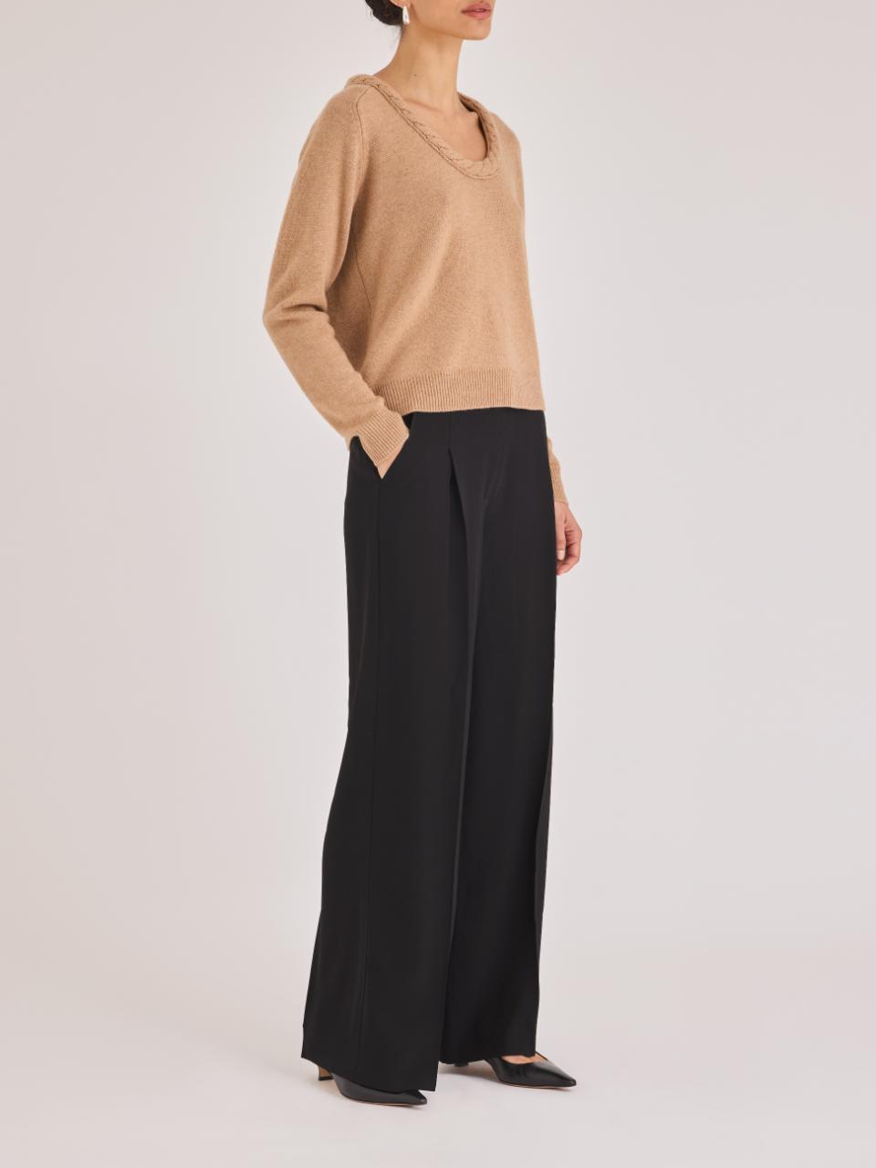 Camel Wool U-Neck Sweater Frankel Sweater in Heather Camel by Rebecca Taylor