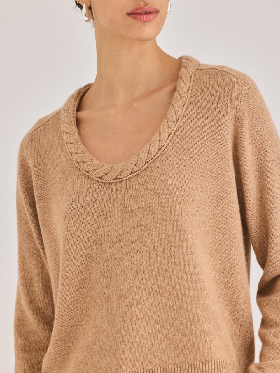 Camel Wool U-Neck Sweater Frankel Sweater in Heather Camel by Rebecca Taylor