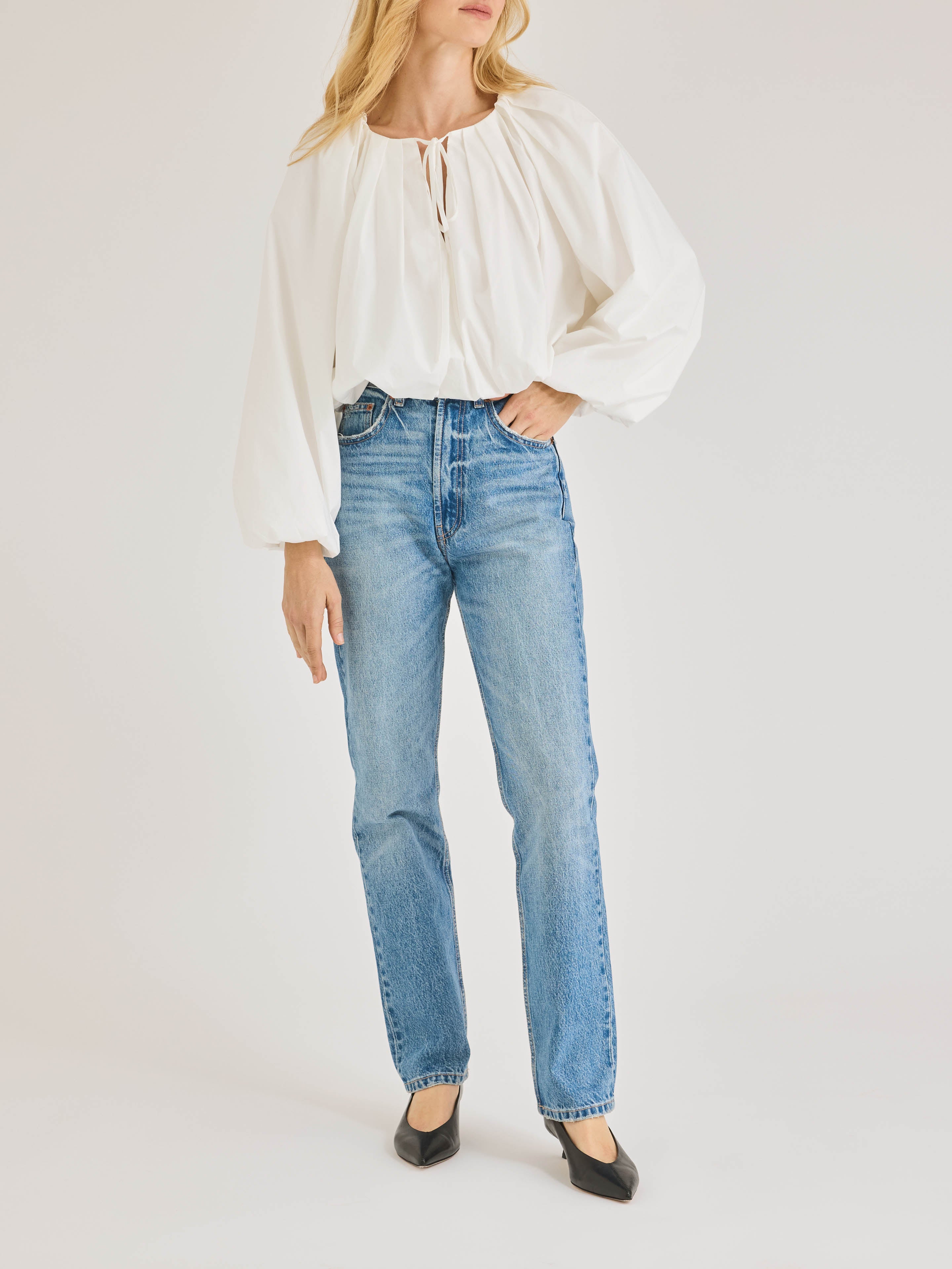 White Long-Sleeve Bubble Blouse Rhodes Poplin Top in Milk by Rebecca Taylor