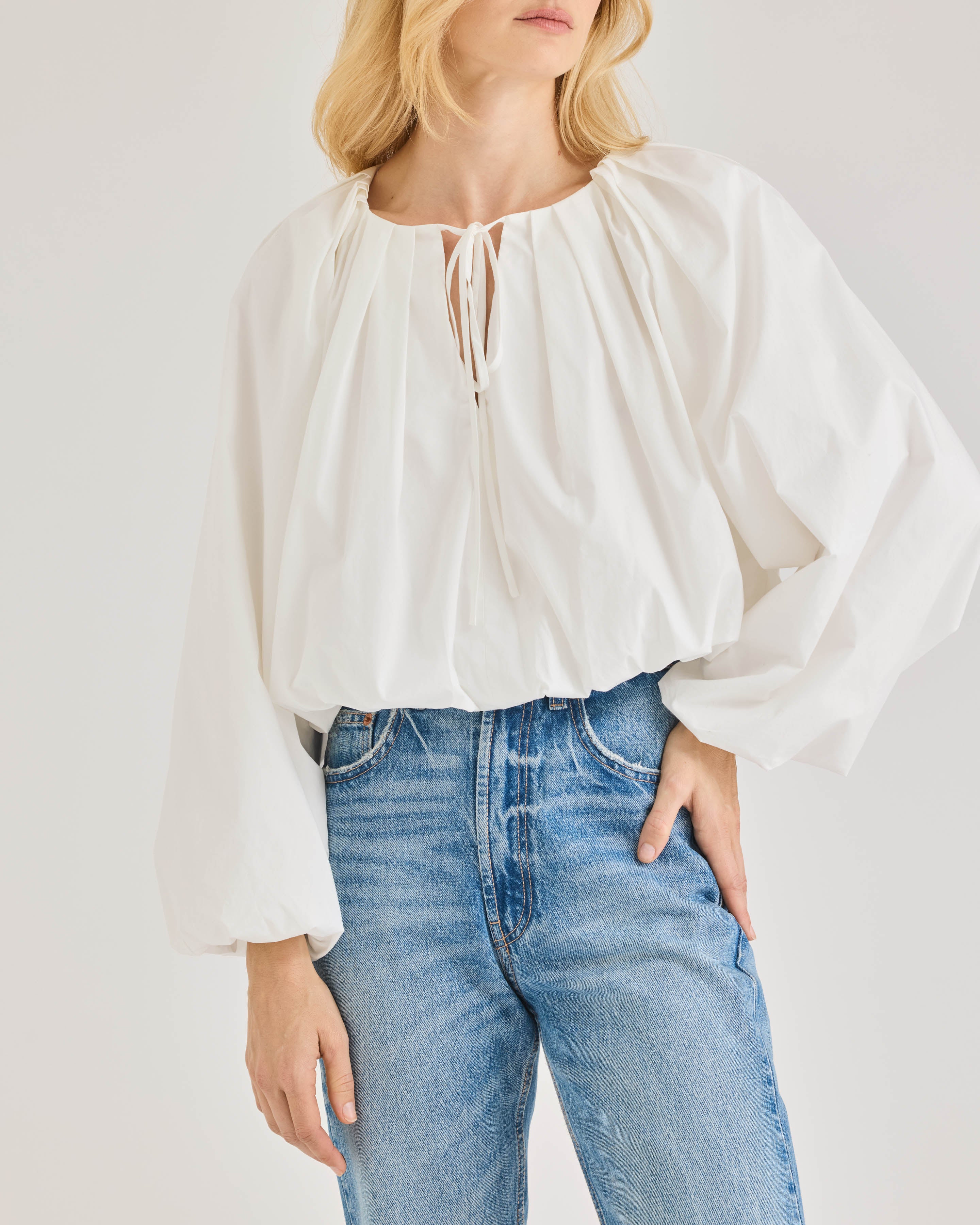 White Long-Sleeve Bubble Blouse Rhodes Poplin Top in Milk by Rebecca Taylor