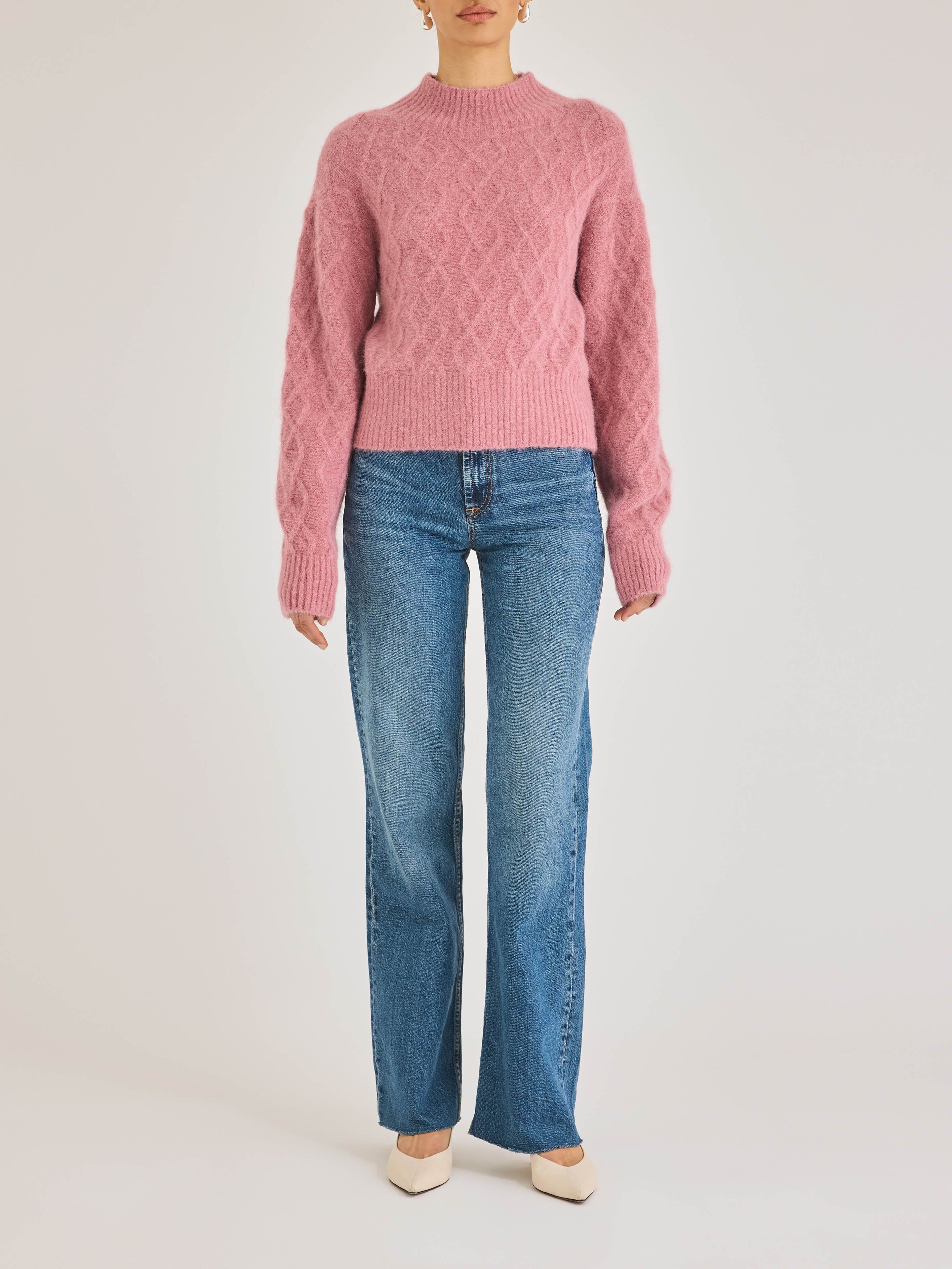 Pink Textured Cable Knit Sweater Yael Sweater in Foxglove by Rebecca Taylor