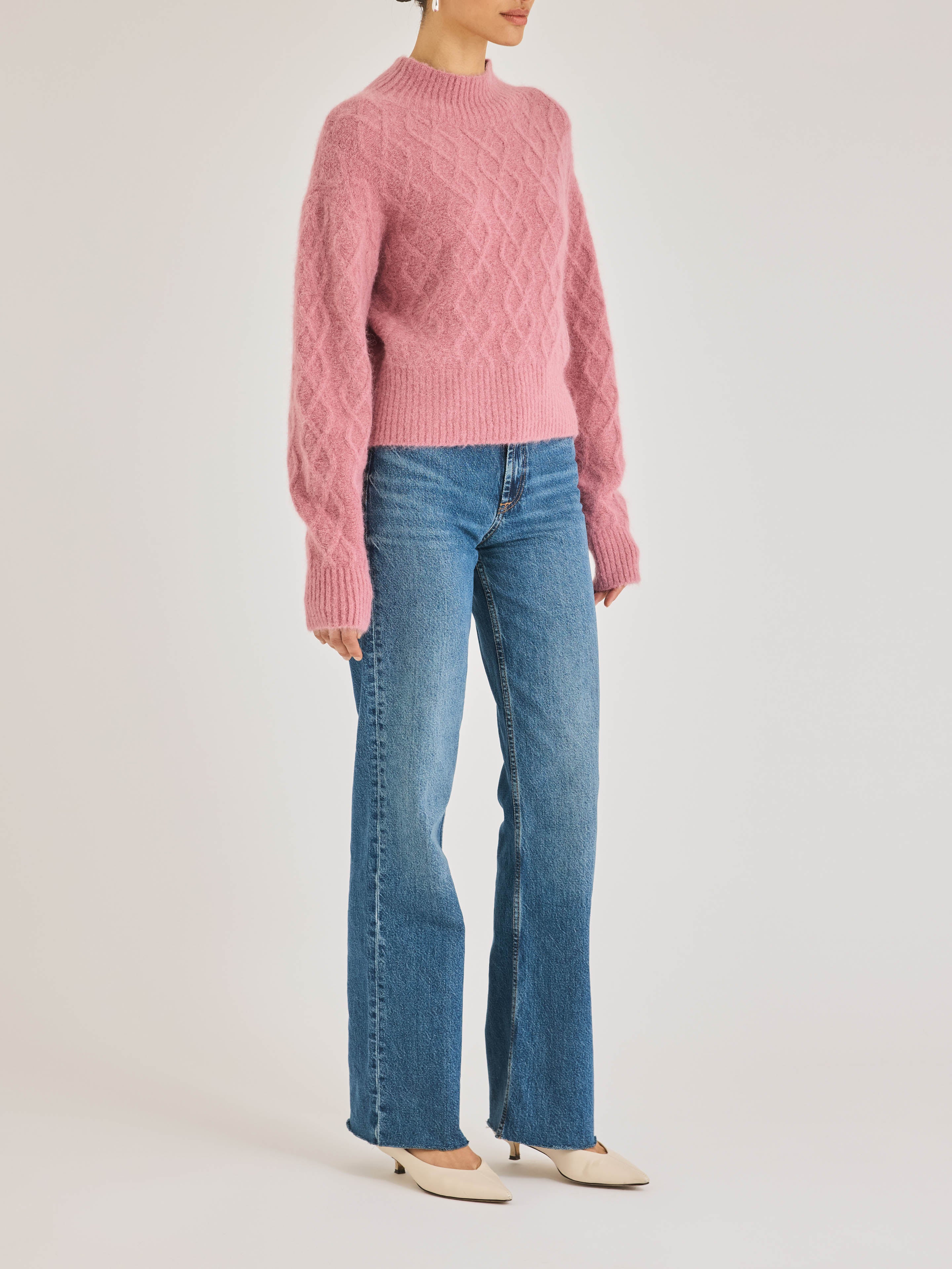 Pink Textured Cable Knit Sweater Yael Sweater in Foxglove by Rebecca Taylor