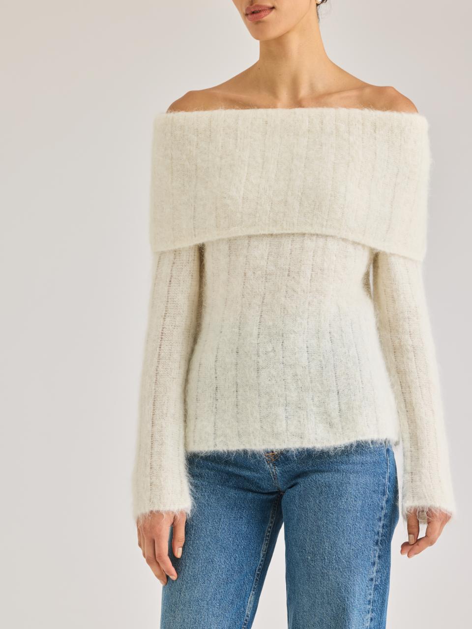 White Off-The-Shoulder Sweater Miro Sweater in EGGSHELL by Rebecca Taylor