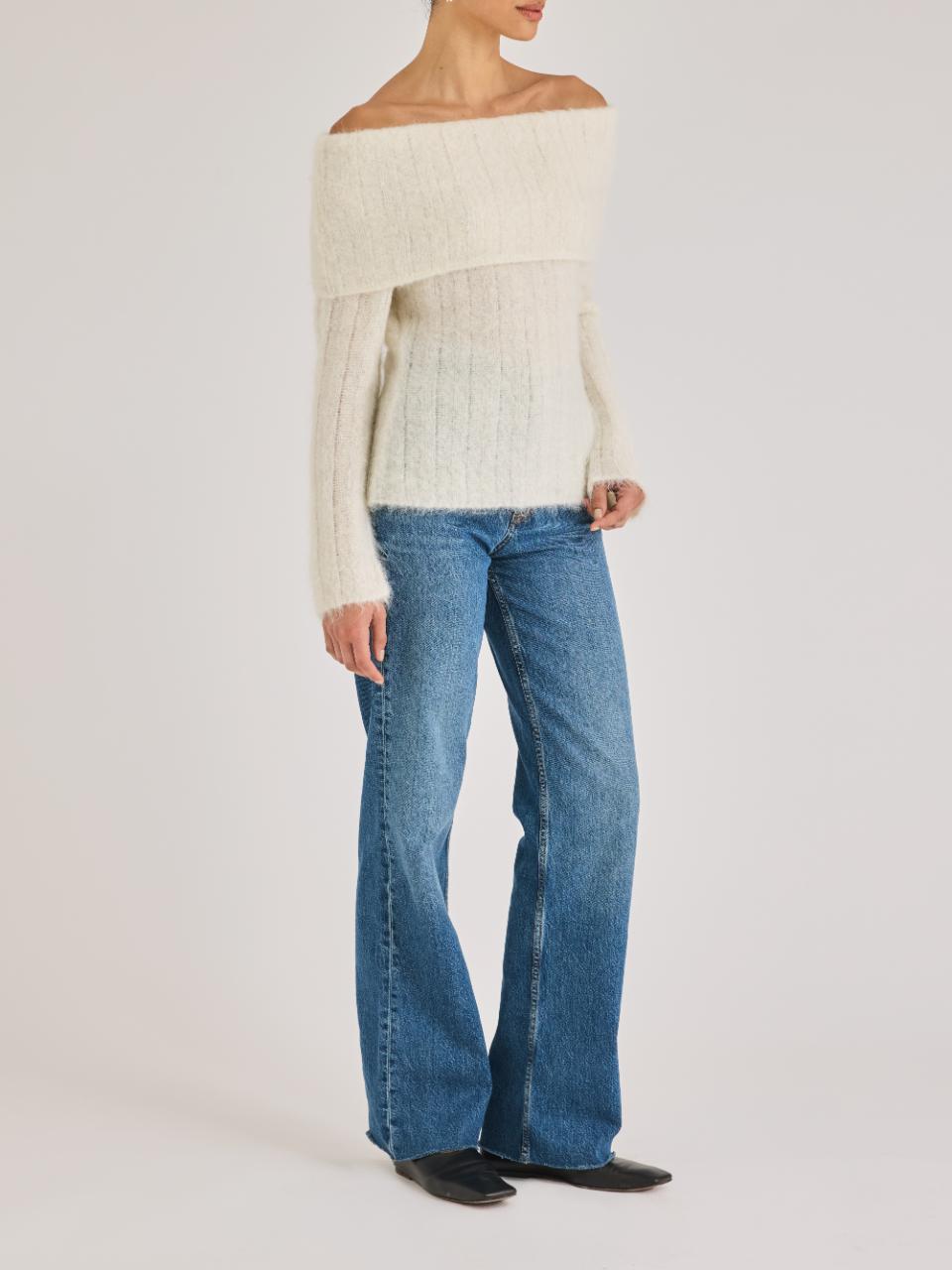 White Off-The-Shoulder Sweater Miro Sweater in EGGSHELL by Rebecca Taylor