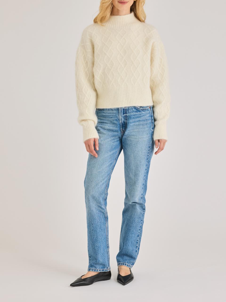 White Cable Knit Cropped Alpaca Wool Yael Sweater in Eggshell by Rebecca Taylor