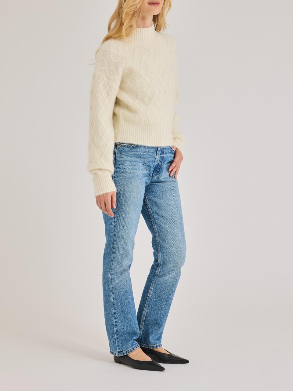 White Cable Knit Cropped Alpaca Wool Yael Sweater in Eggshell by Rebecca Taylor