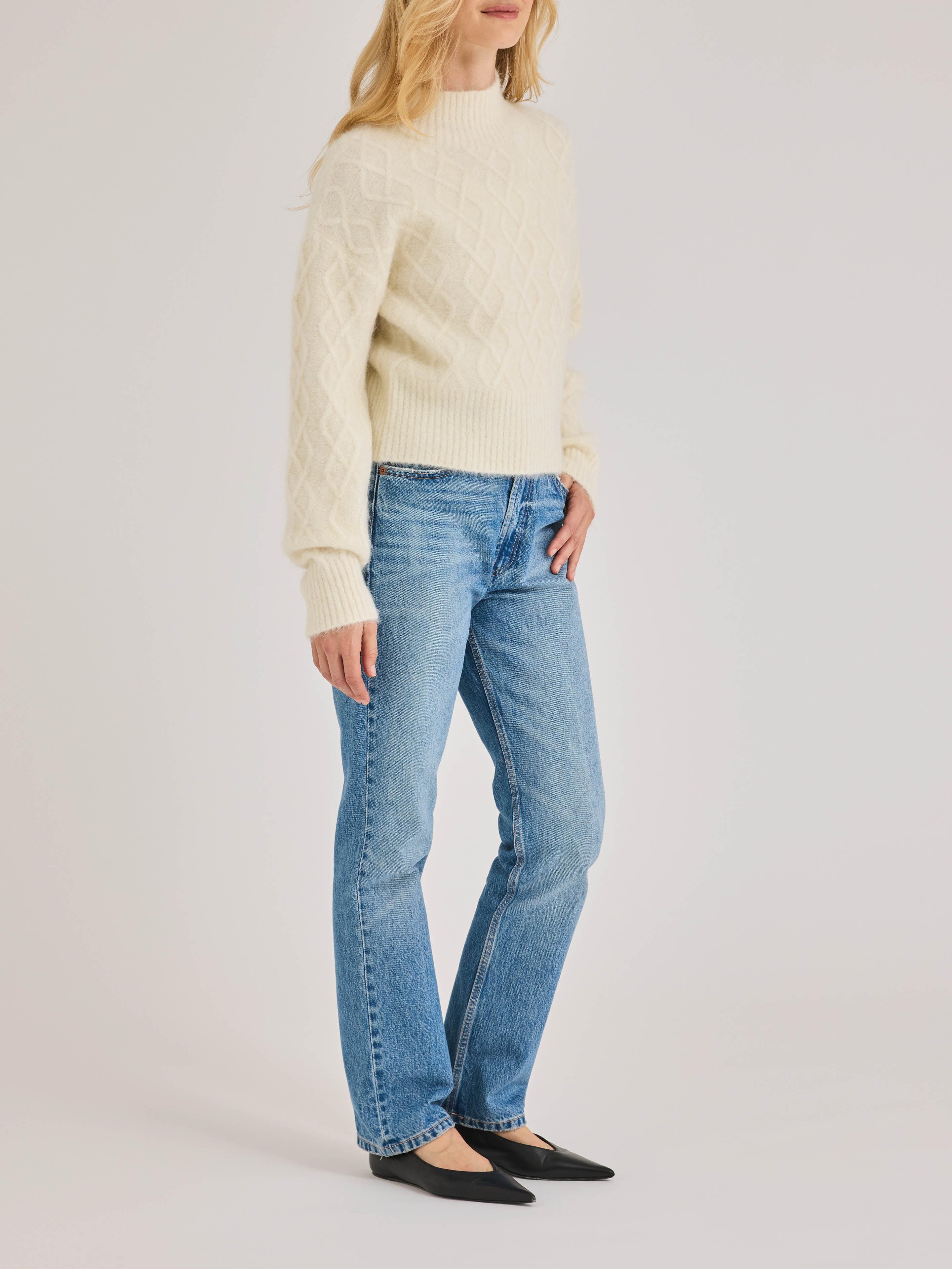 White Textured Cable Knit Sweater Yael Sweater in Eggshell by Rebecca Taylor