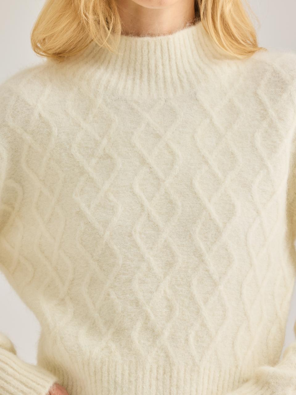 White Cable Knit Cropped Alpaca Wool Yael Sweater in Eggshell by Rebecca Taylor