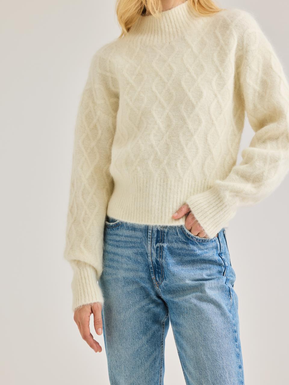 White Cable Knit Cropped Alpaca Wool Yael Sweater in Eggshell by Rebecca Taylor