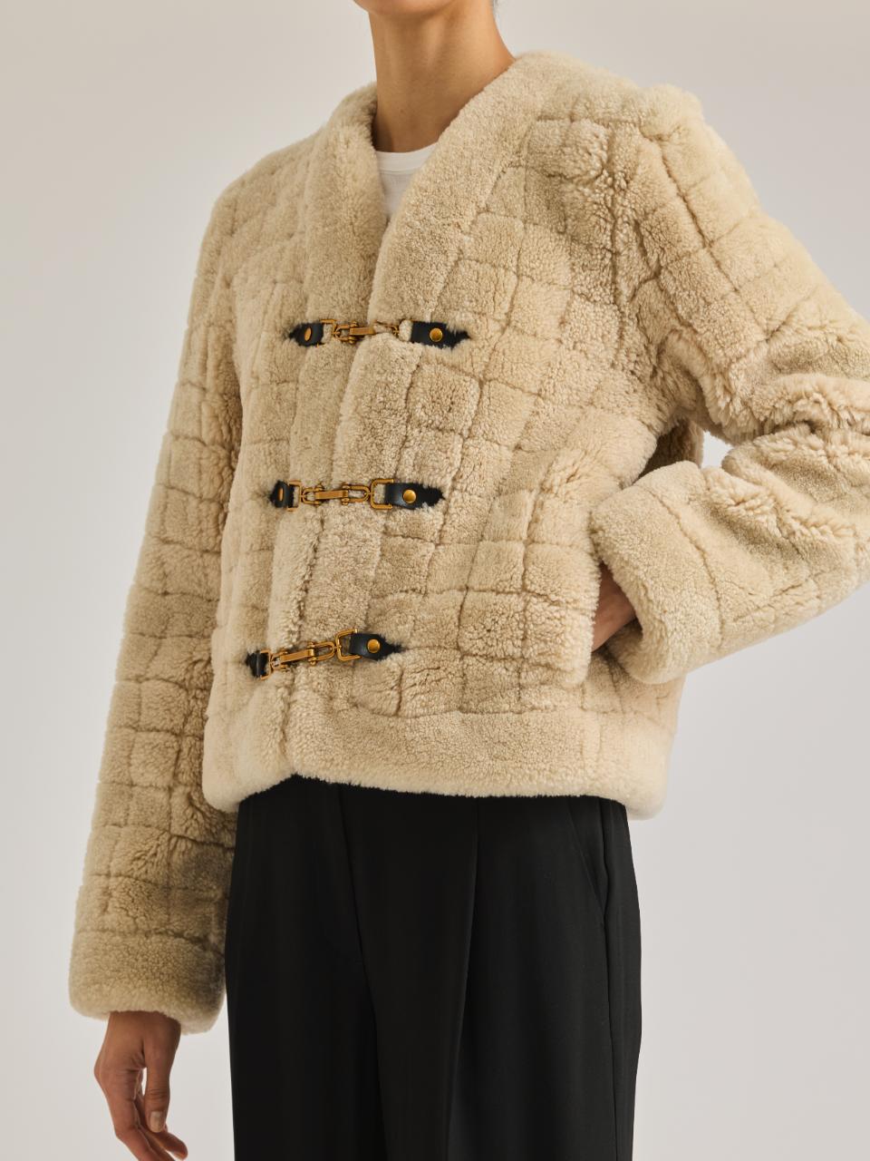  Quilted Stitch Shearling Jacket in Cream by Rebecca Taylor