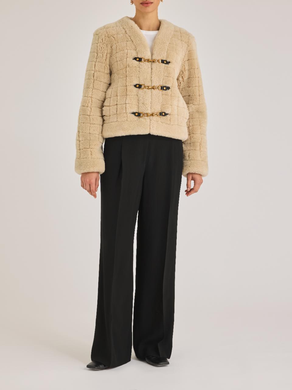 Rebecca Taylor Quilted Stitch Shearling Jacket in Cream