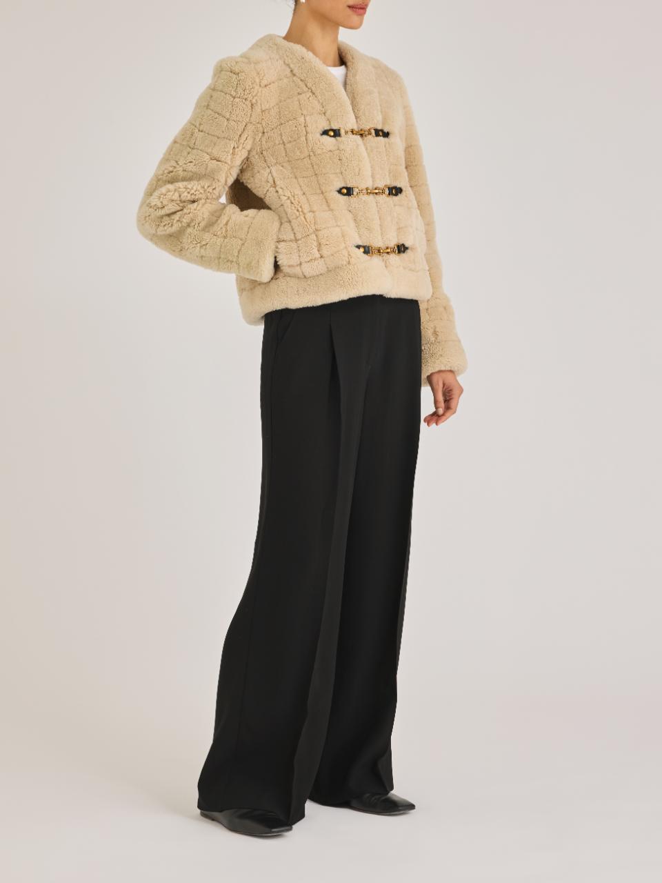 Rebecca Taylor Quilted Stitch Shearling Jacket in Cream