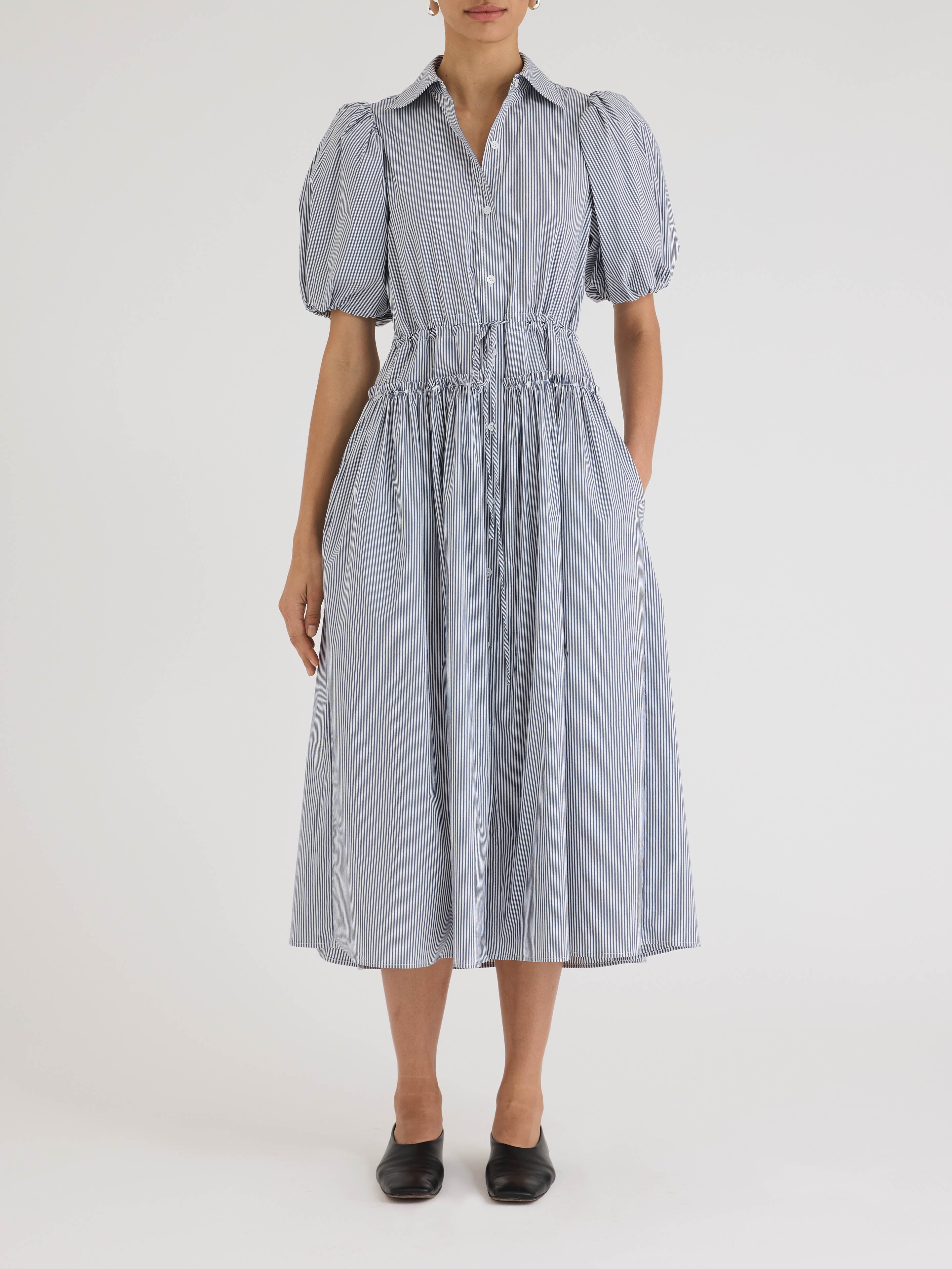 Blue Striped Puff Sleeve Shirt Dress Poplin Shirt Dress in Blue Stripe by Rebecca Taylor