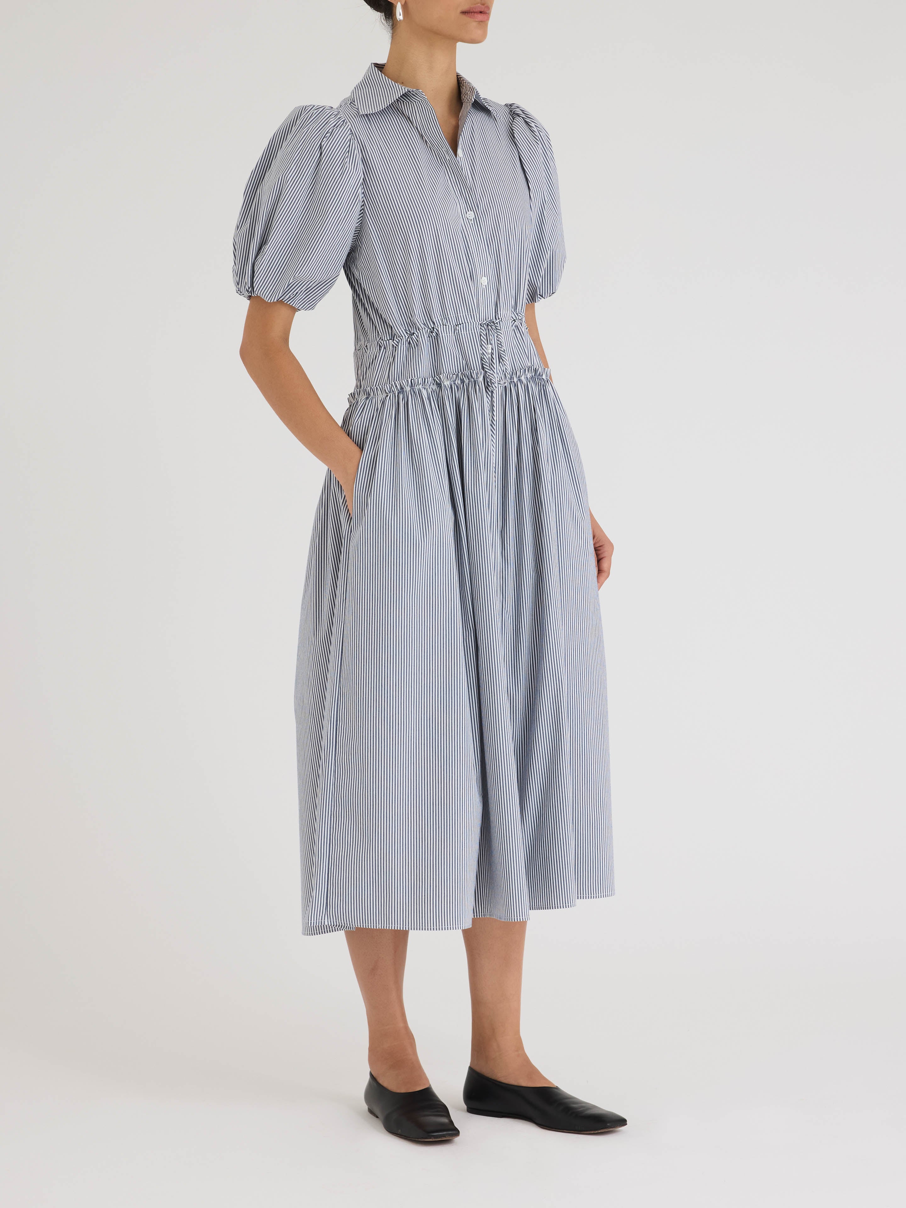 Blue Striped Puff Sleeve Shirt Dress Poplin Shirt Dress in Blue Stripe by Rebecca Taylor