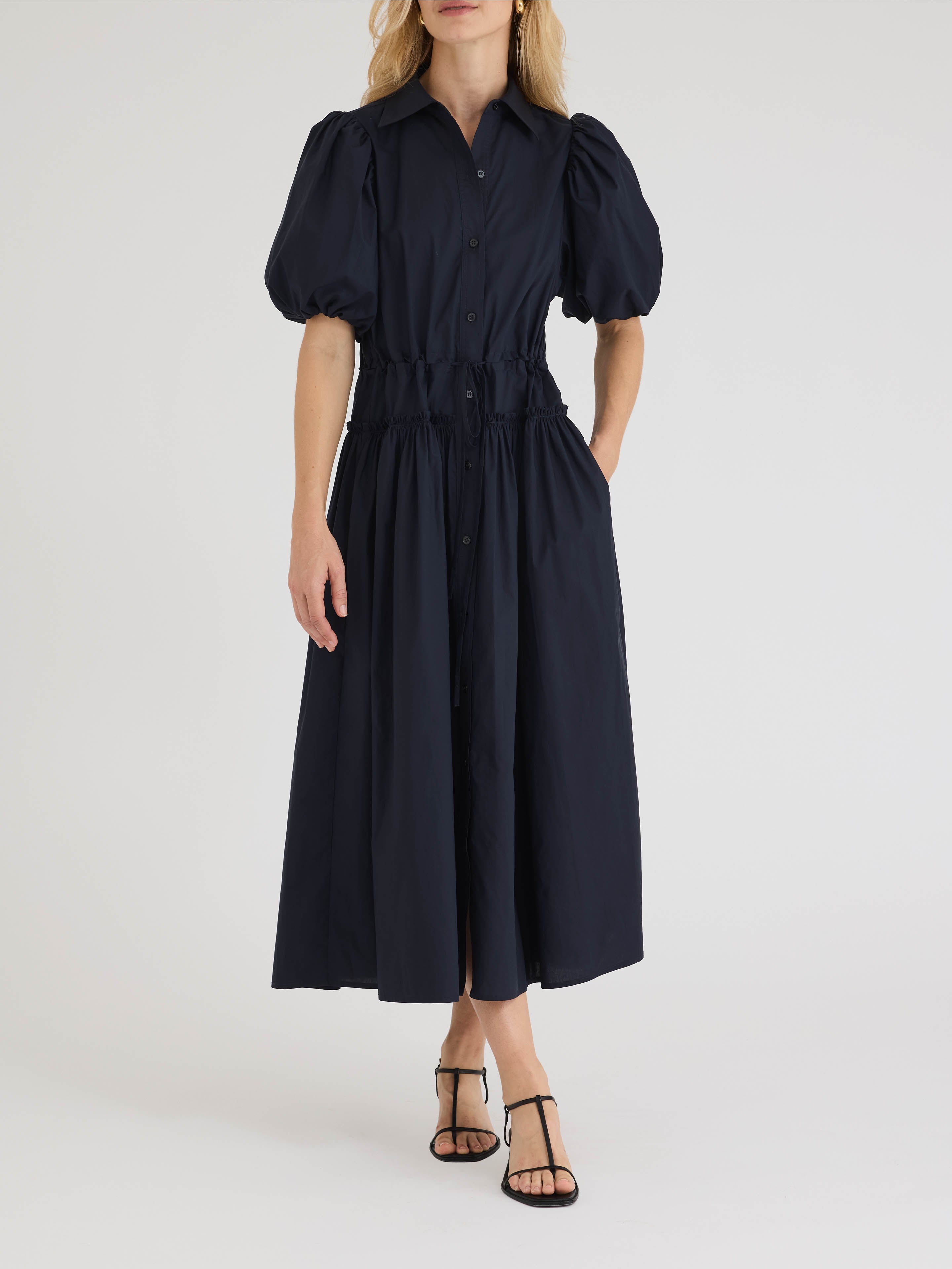 Dark Navy Puff Sleeve Shirt Dress Poplin Shirt Dress in Dark Navy by Rebecca Taylor