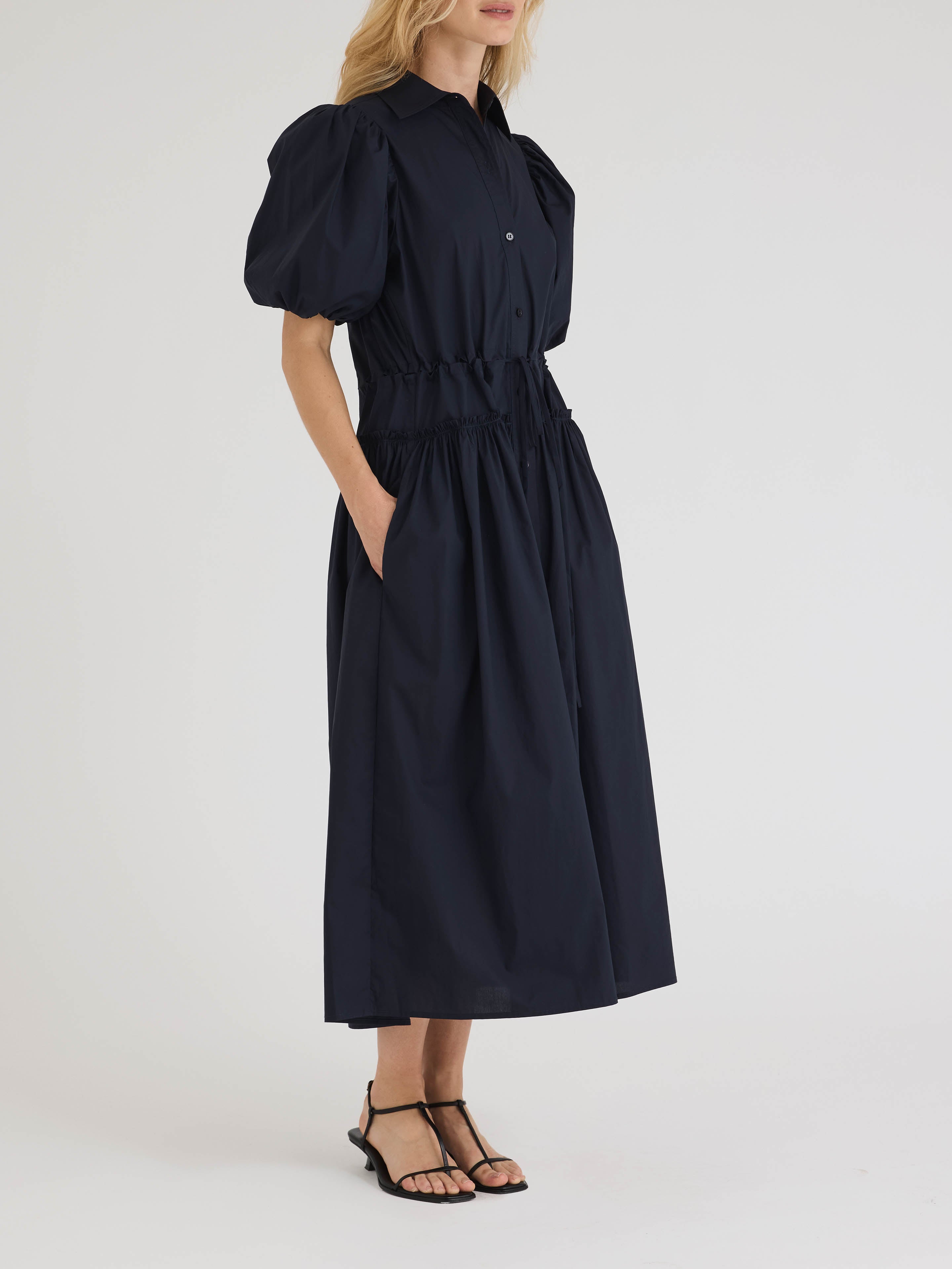 Dark Navy Puff Sleeve Shirt Dress Poplin Shirt Dress in Dark Navy by Rebecca Taylor