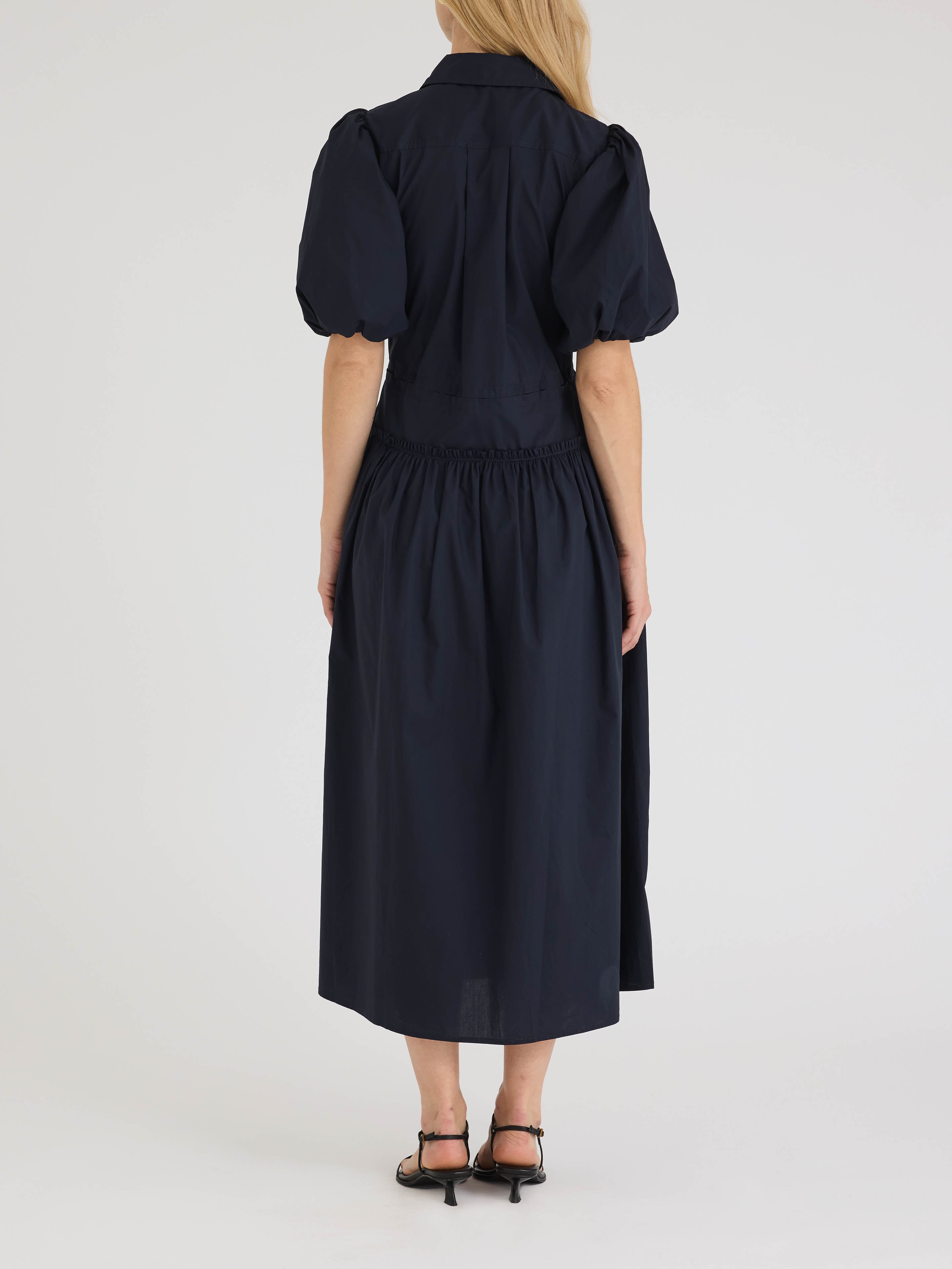 Dark Navy Puff Sleeve Shirt Dress Poplin Shirt Dress in Dark Navy by Rebecca Taylor