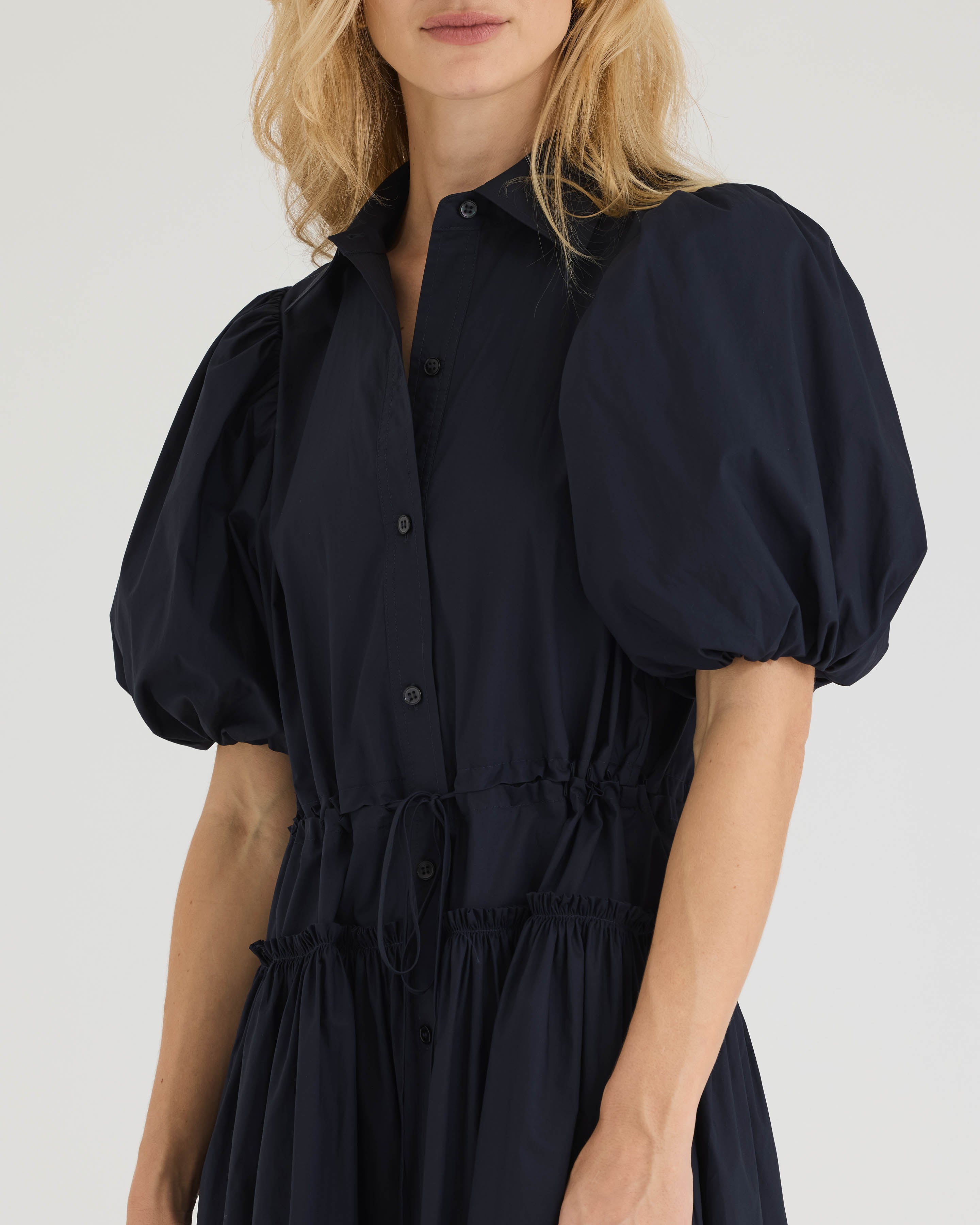 Dark Navy Puff Sleeve Shirt Dress Poplin Shirt Dress in Dark Navy by Rebecca Taylor