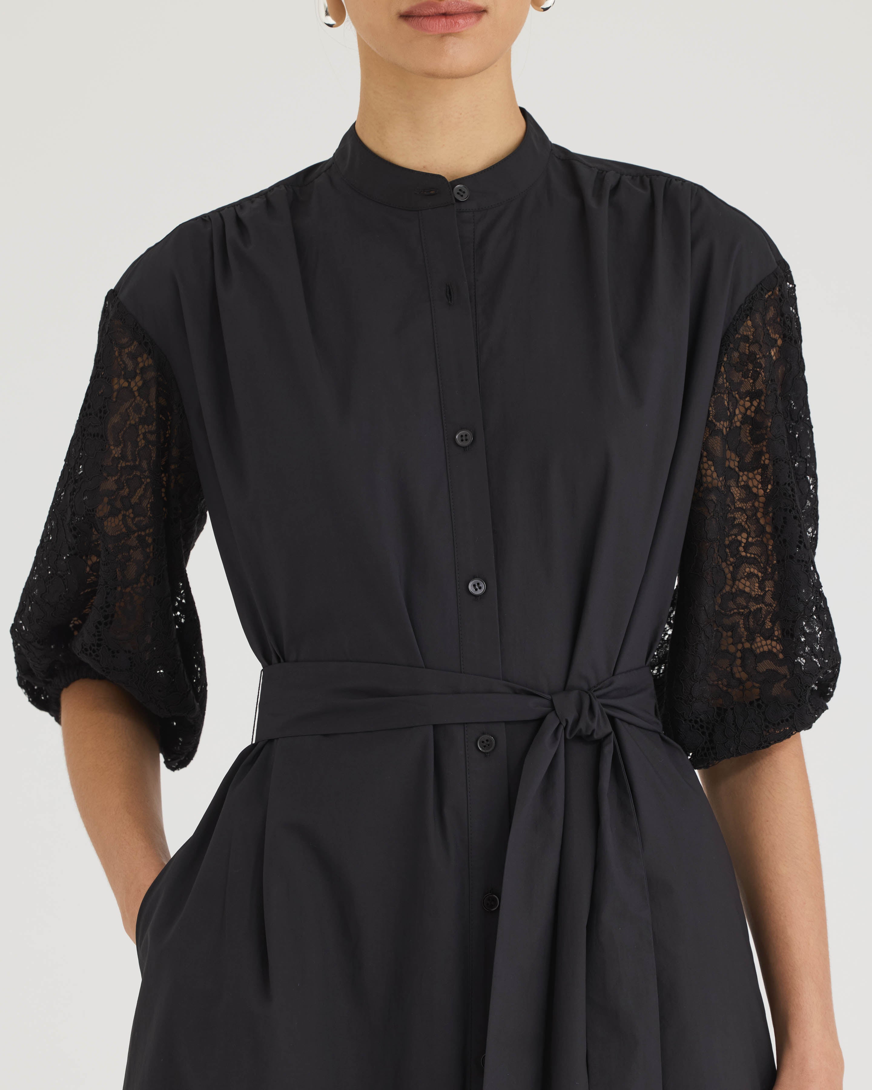 Black Poplin and Lace Midi Dress Idun Dress in Black by Rebecca Taylor