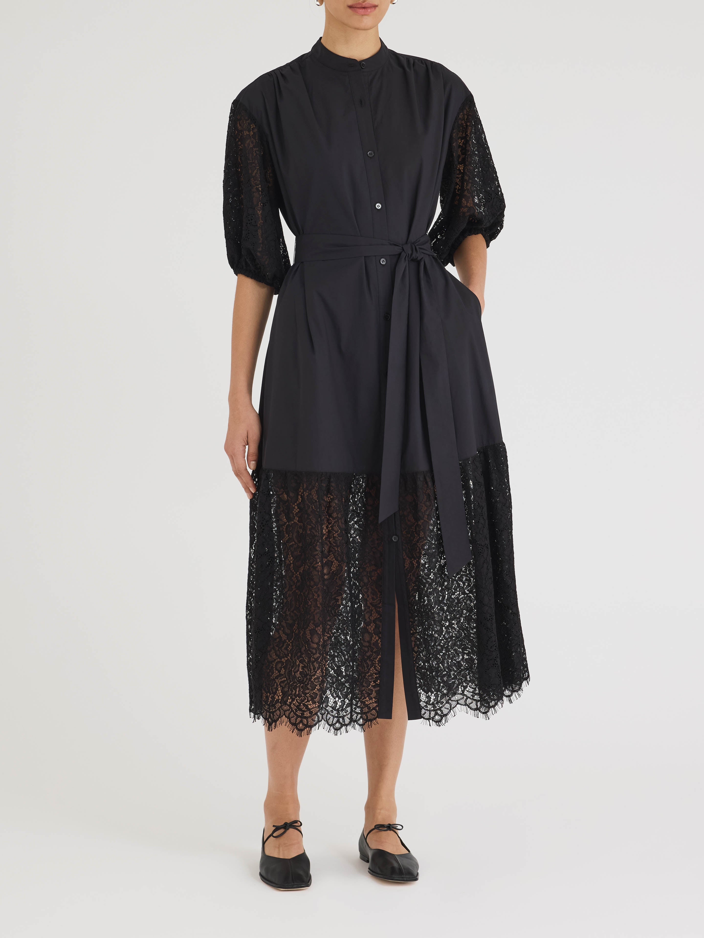 Black Poplin and Lace Midi Dress Idun Dress in Black by Rebecca Taylor