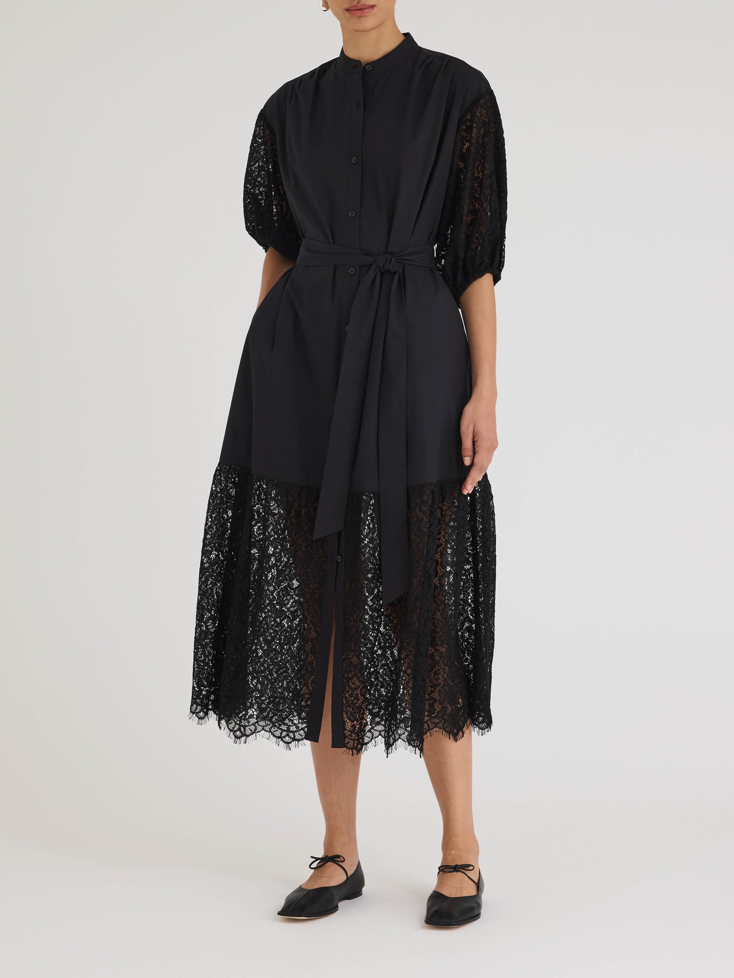 Black Poplin and Lace Midi Dress Idun Dress in Black by Rebecca Taylor