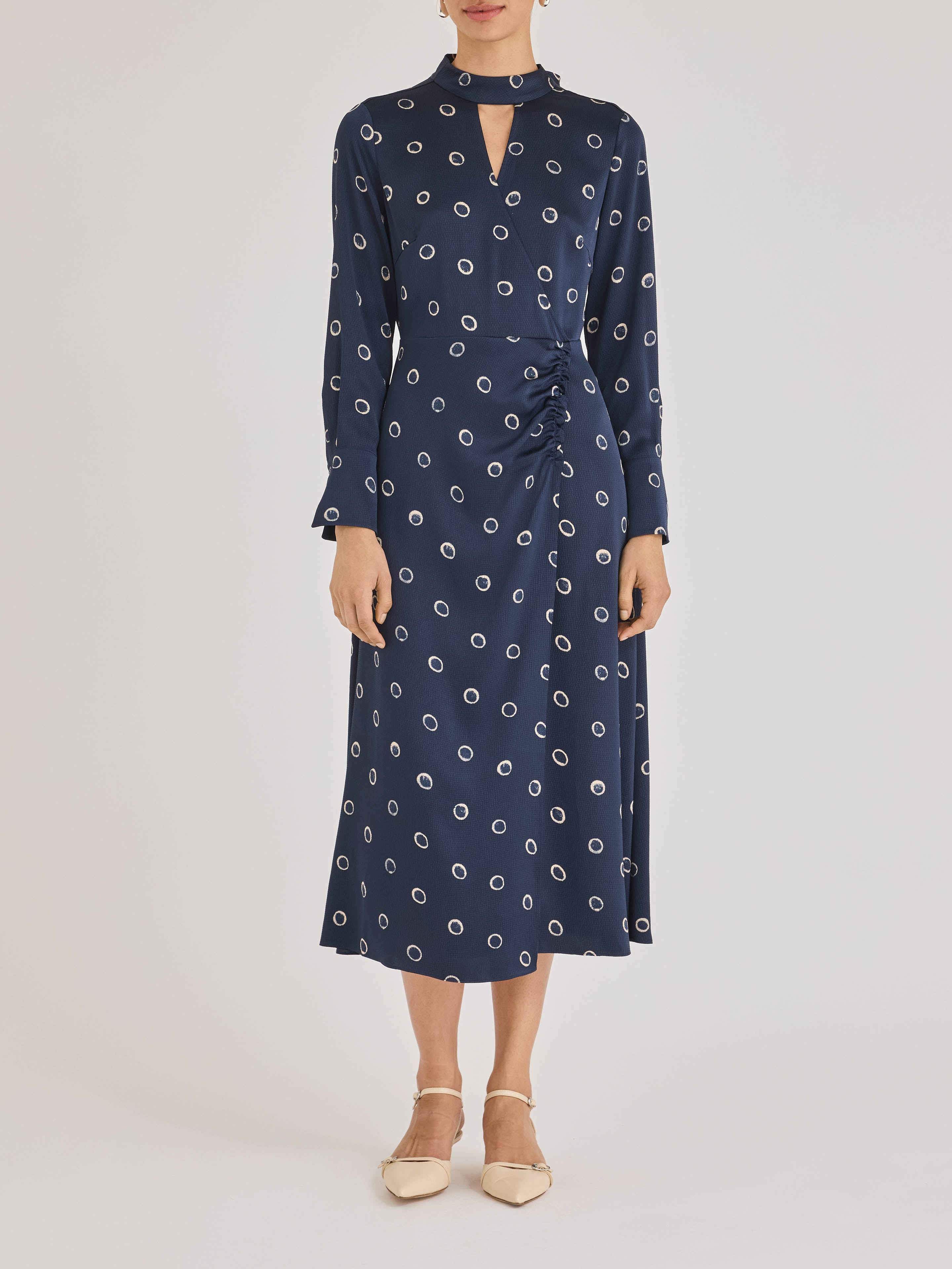 Navy Long-Sleeve Midi Dress Hazy Dot Dress in Navy Combo by Rebecca Taylor