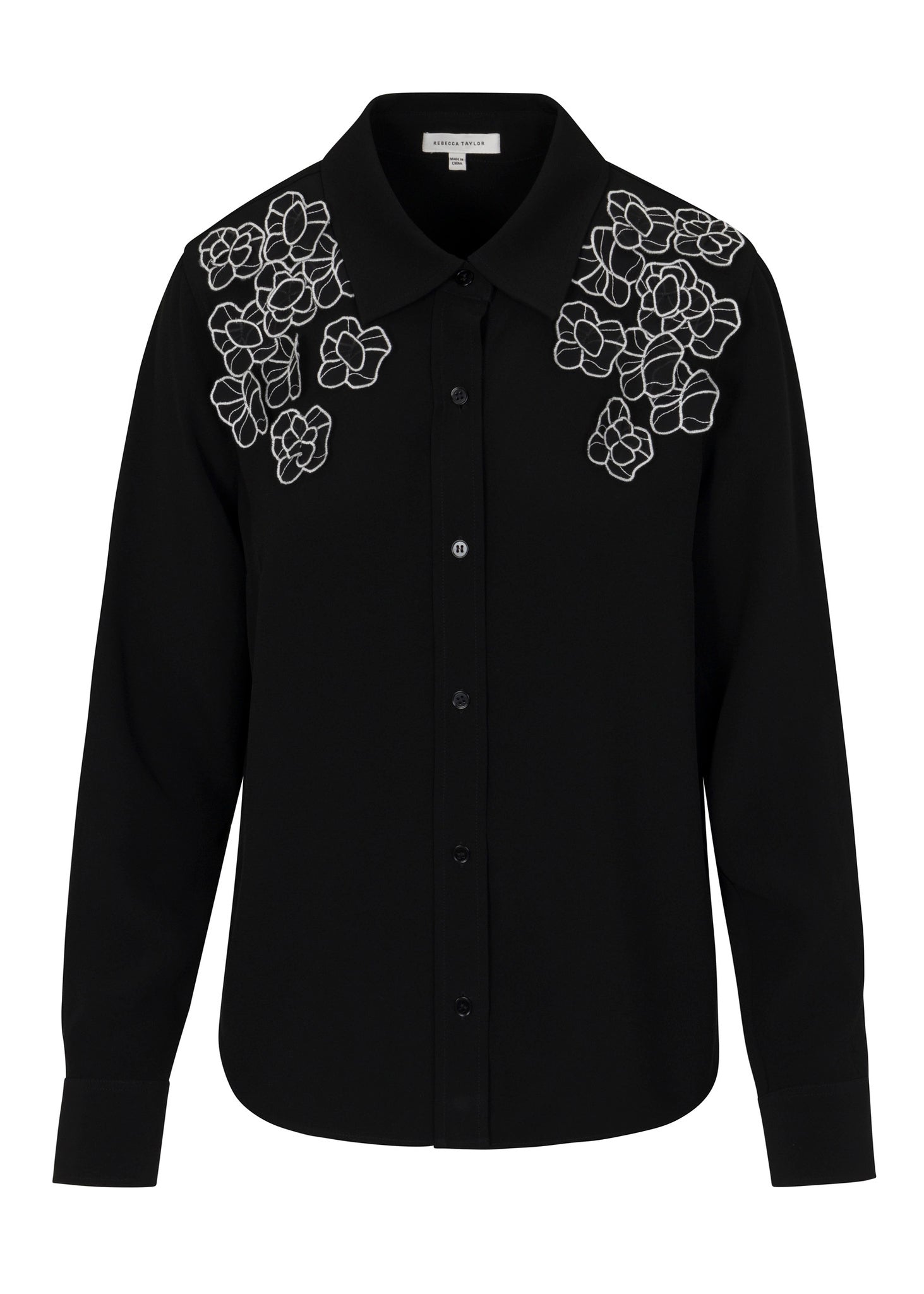 Black Button-Up Shirt with Floral Details Mia Top in Black by Rebecca Taylor