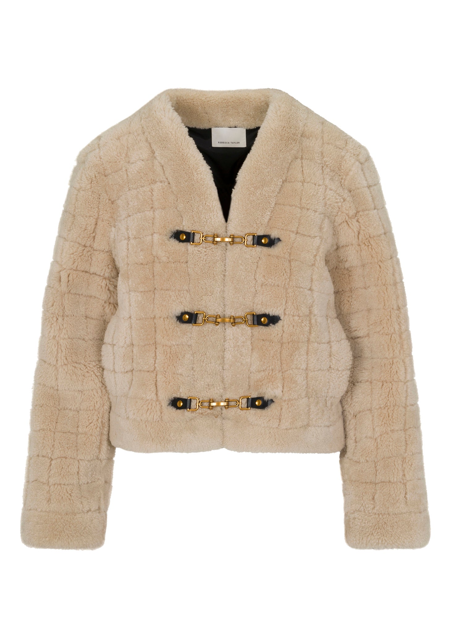 Rebecca Taylor Quilted Stitch Shearling Jacket in Cream