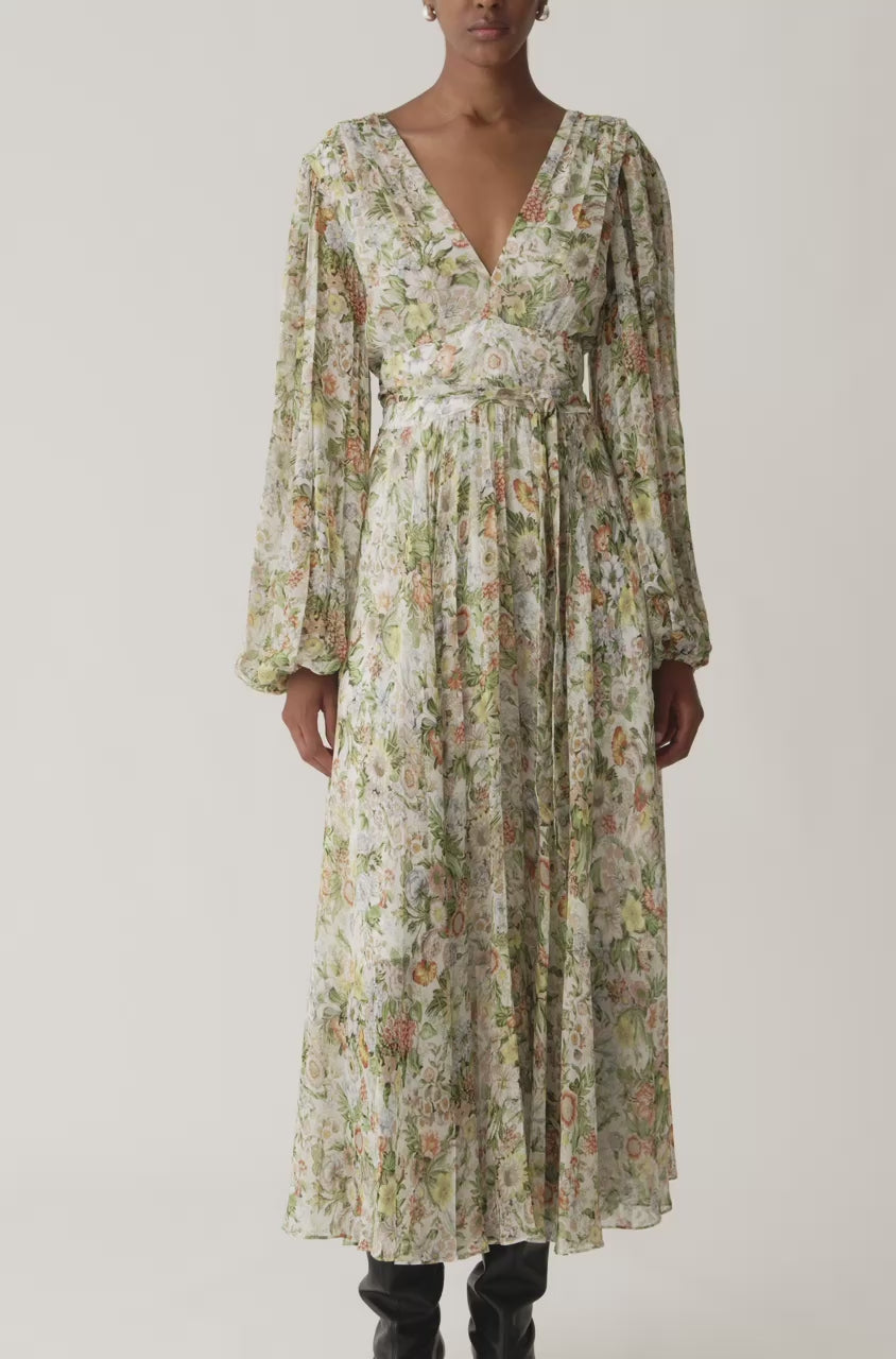 Floral All Over On Viscose Chiffon Blouson Sleeve Midi Dress