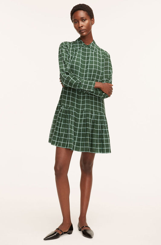 Windowpane Silk Pleated Shirt Dress